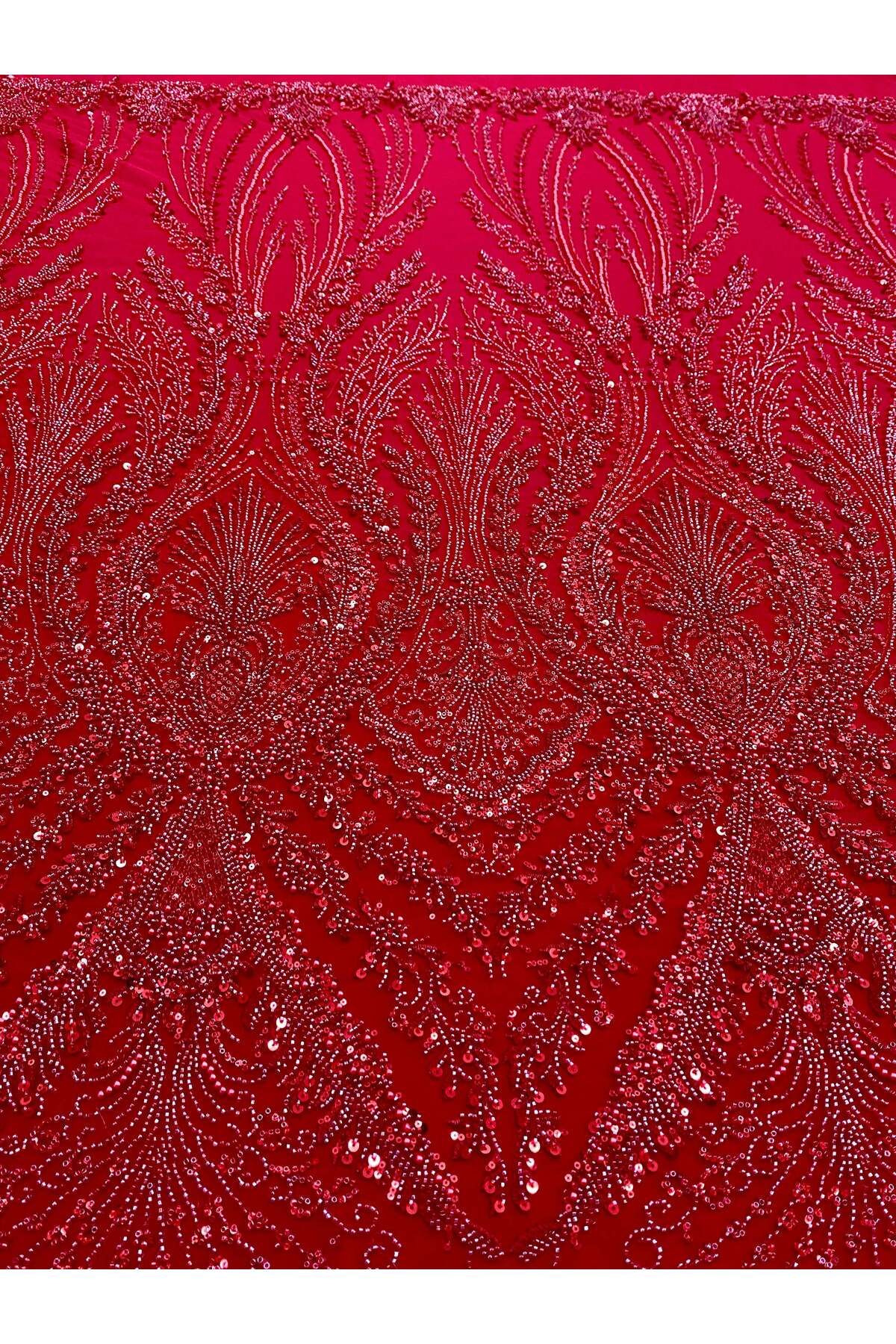 Luxuro-Red Couture Lace with Geometric Pattern, with Pearls, Beads and Sequins 5