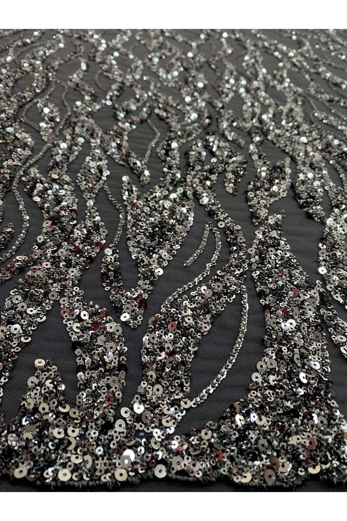 Luxuro-Anthracite Grey Couture Lace with Strings, Beads and Sequins 6