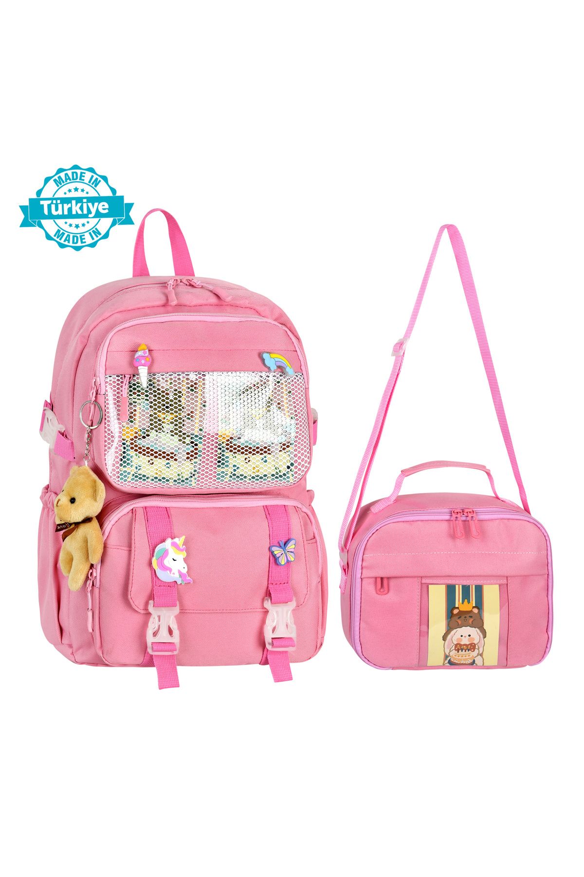 WMİLANO Kawaii Kore Tarzı Aksesuarlı Ilkokul Sırt Çantası Kız Ve Isı Yalıtımlı Termoslu Beslenme Çantası Set