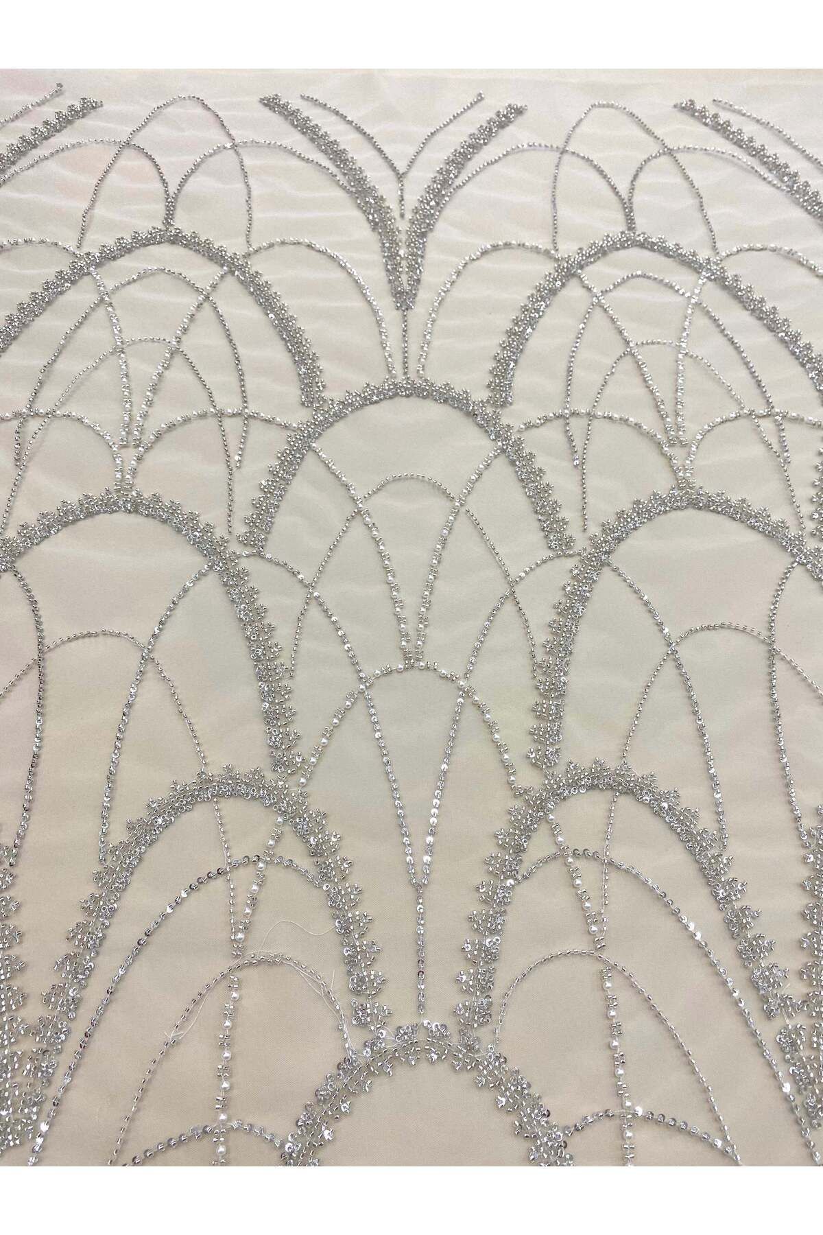 Luxuro-Silver Couture Lace with Geometric Pattern, with Pearls, Beads and Sequins 2