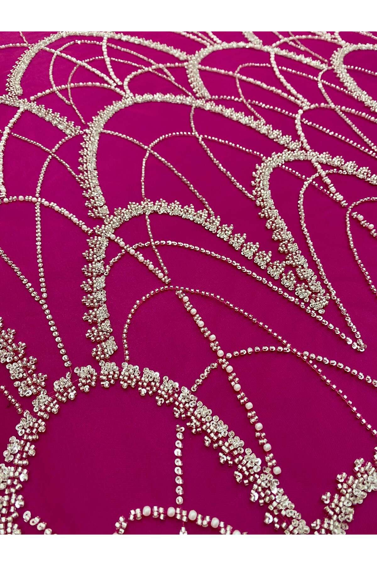 Luxuro-Couture Silver Lace with Fuchsia Tulle with Geometric Pattern, with Pearls, Beads and Sequins 4