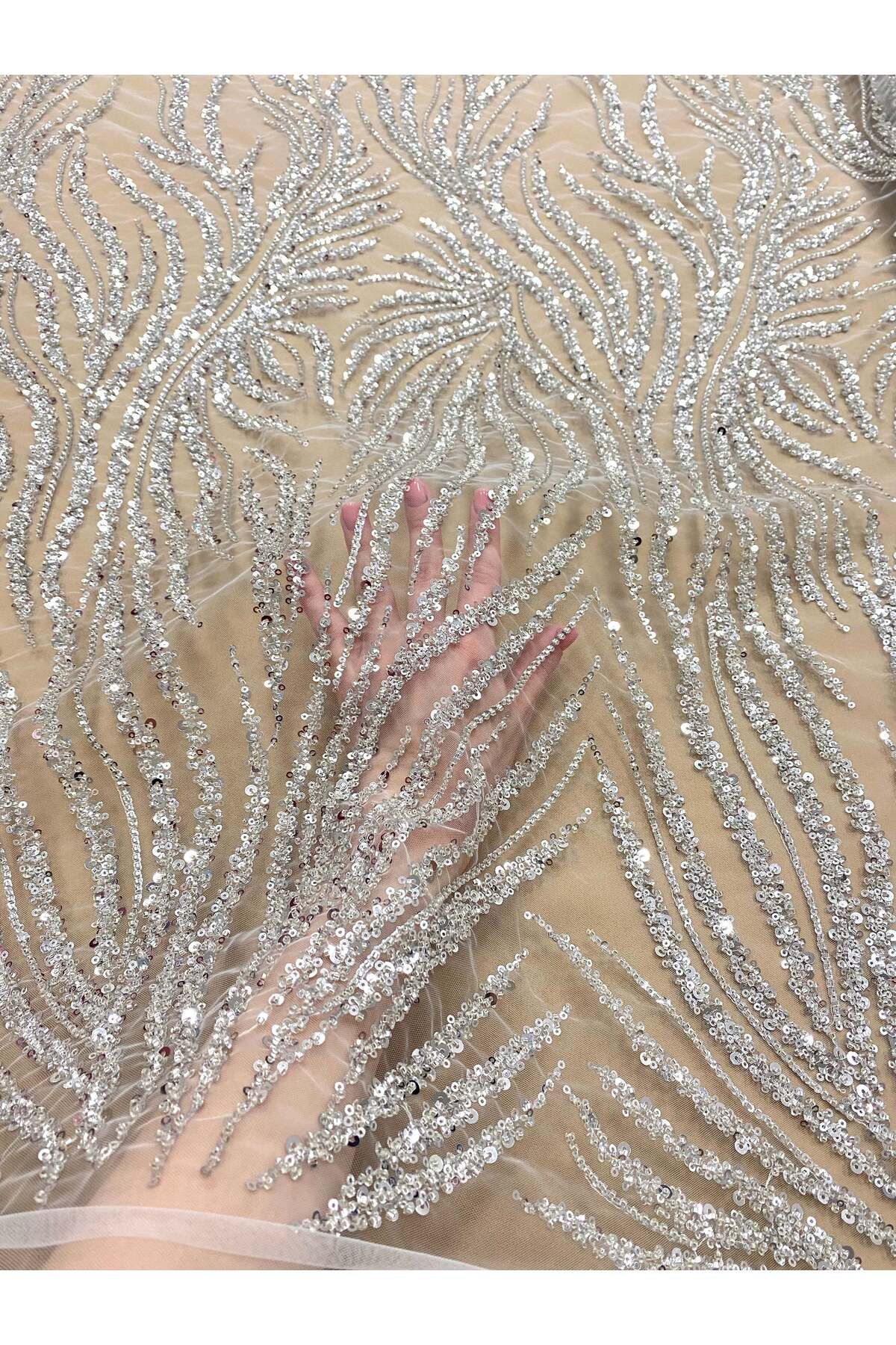Luxuro-Silver Couture Lace with Strings, Beads and Sequins 5