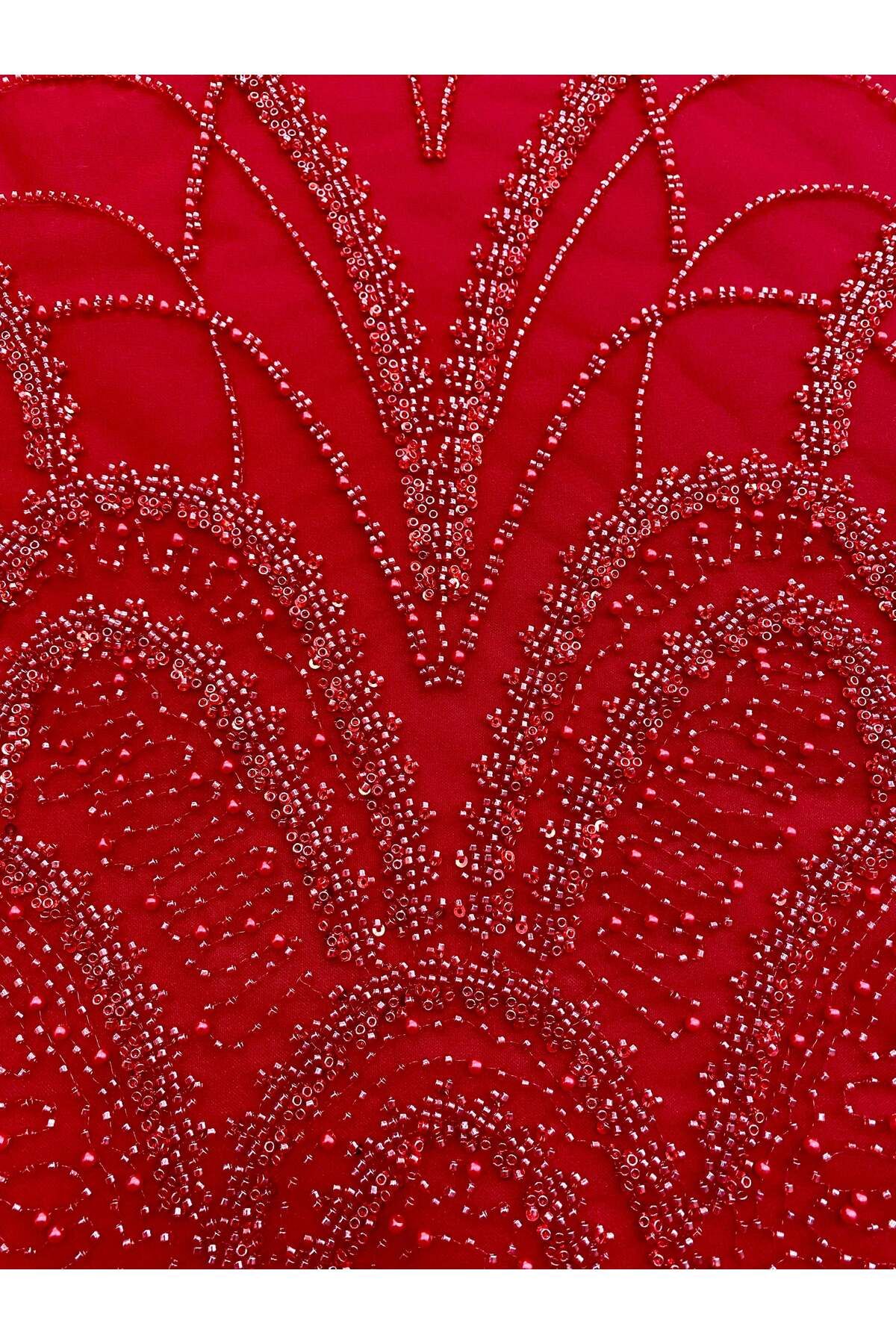 Luxuro-Red Couture Lace with Geometric Pattern, with Pearls, Beads and Sequins 7