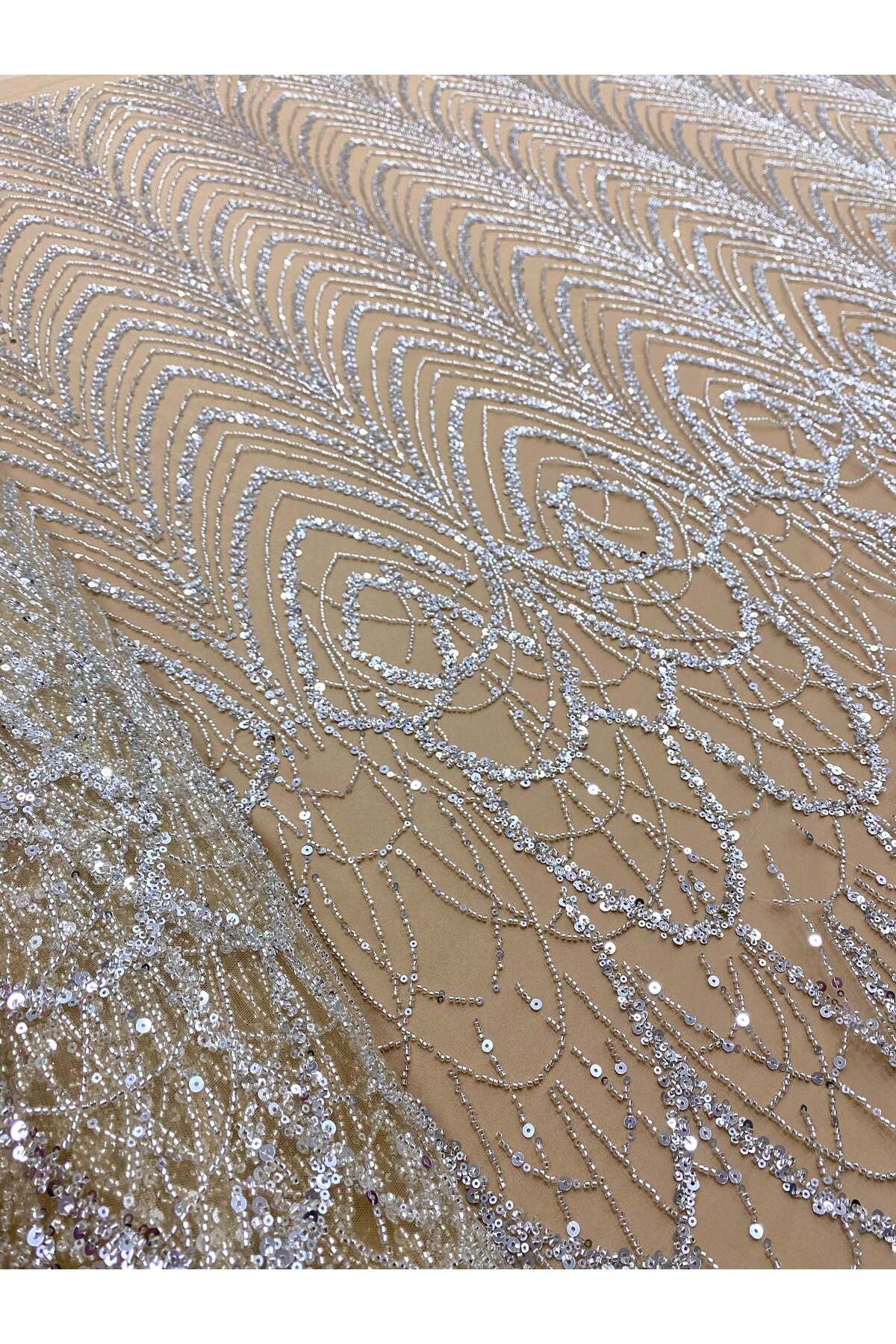 Luxuro-Silver Couture Lace with Nude Tulle with Geometric Pattern with Beads and Sequins 3
