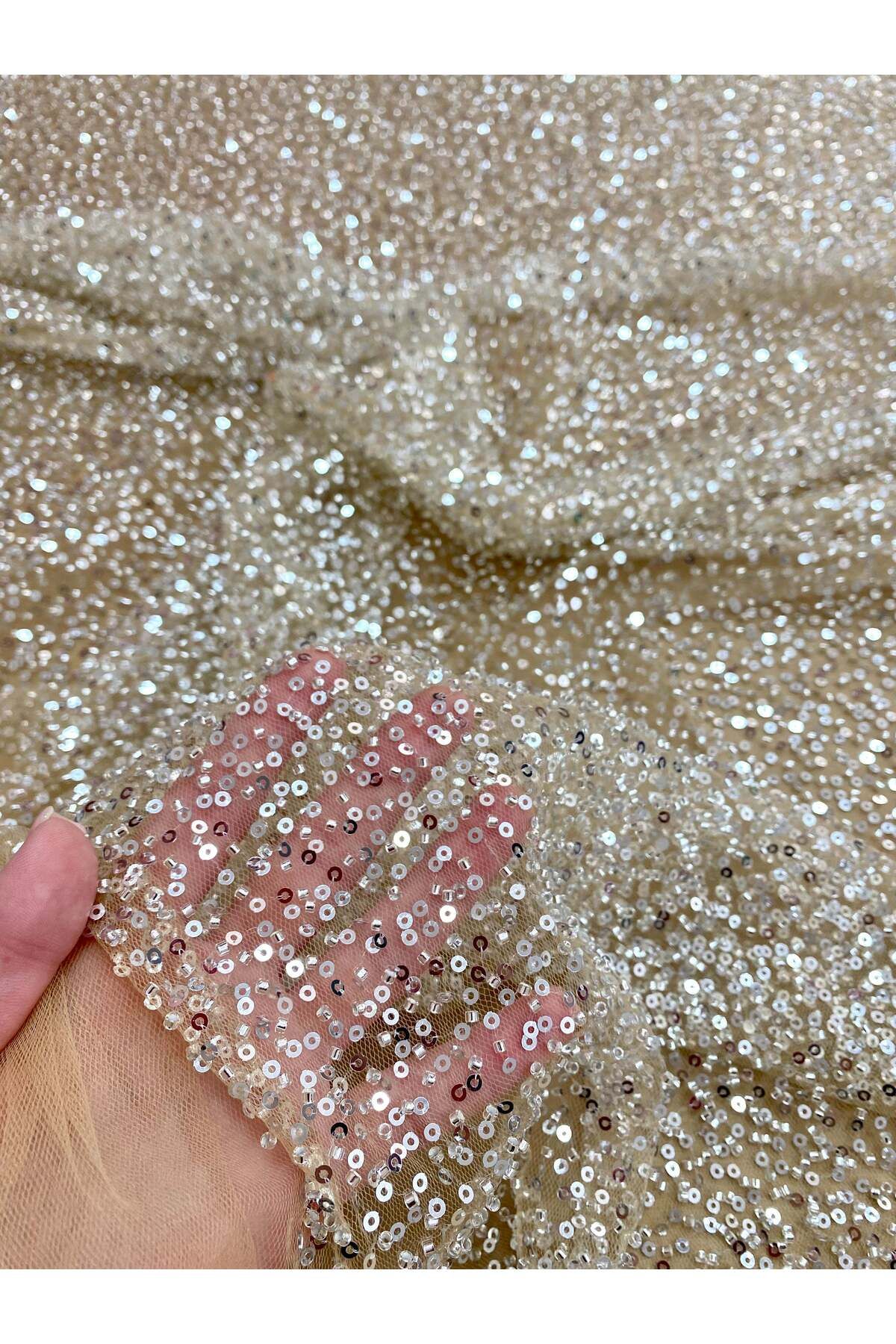 Luxuro-Silver Couture Lace with Nude Tulle with General Pattern, with Beads and Sequins 5