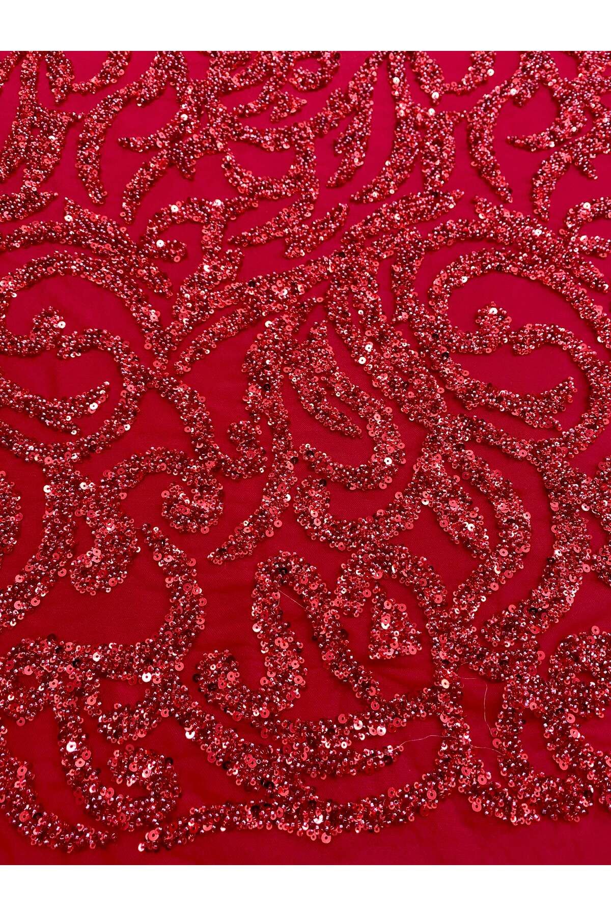 Luxuro-Red Couture Lace with Geometric Pattern, Beads and Sequins 4