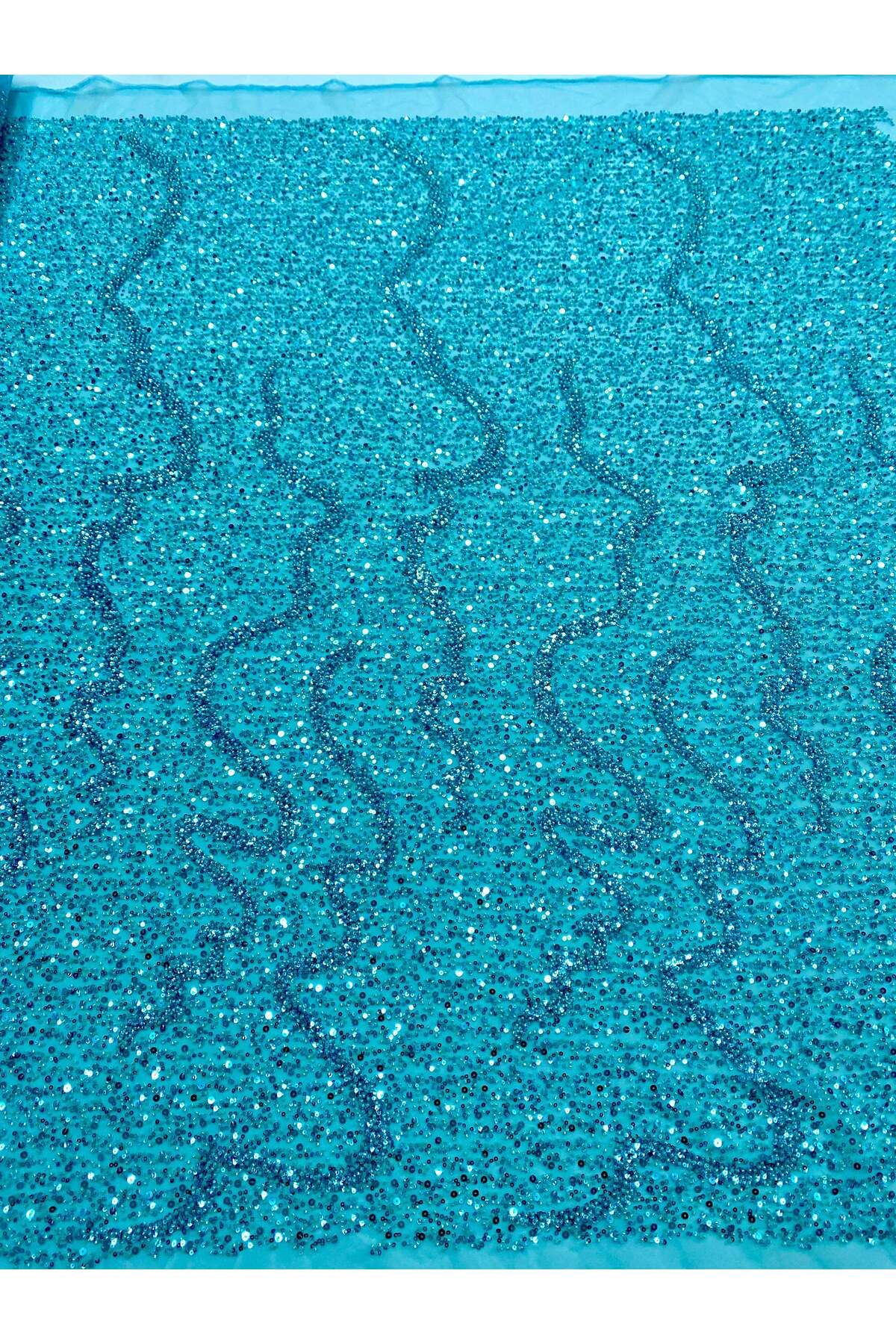 Luxuro-Turquoise Couture Lace with General Pattern with Strings, Beads and Sequins 1