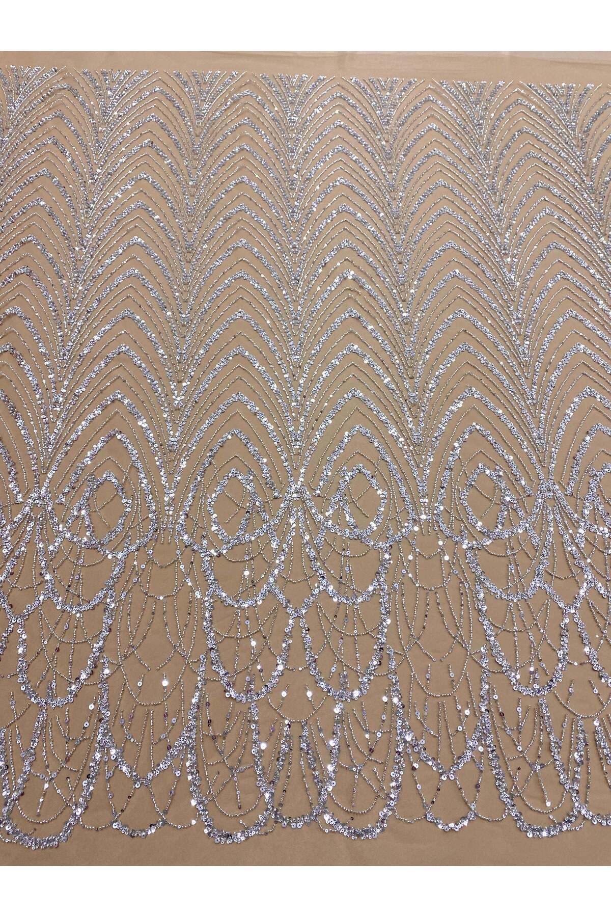 Luxuro-Silver Couture Lace with Nude Tulle with Geometric Pattern with Beads and Sequins 1