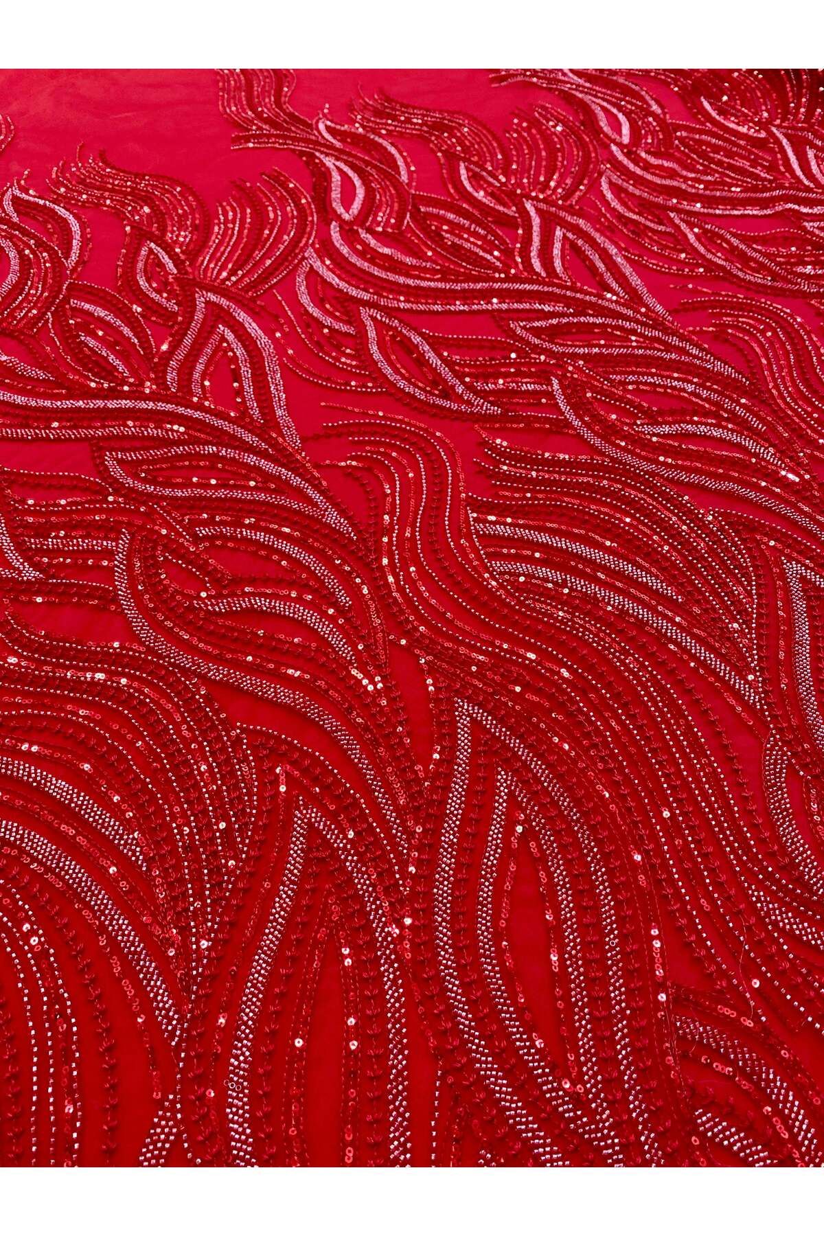 Luxuro-Red Couture Lace with Linear Pattern, Beads and Sequins 5