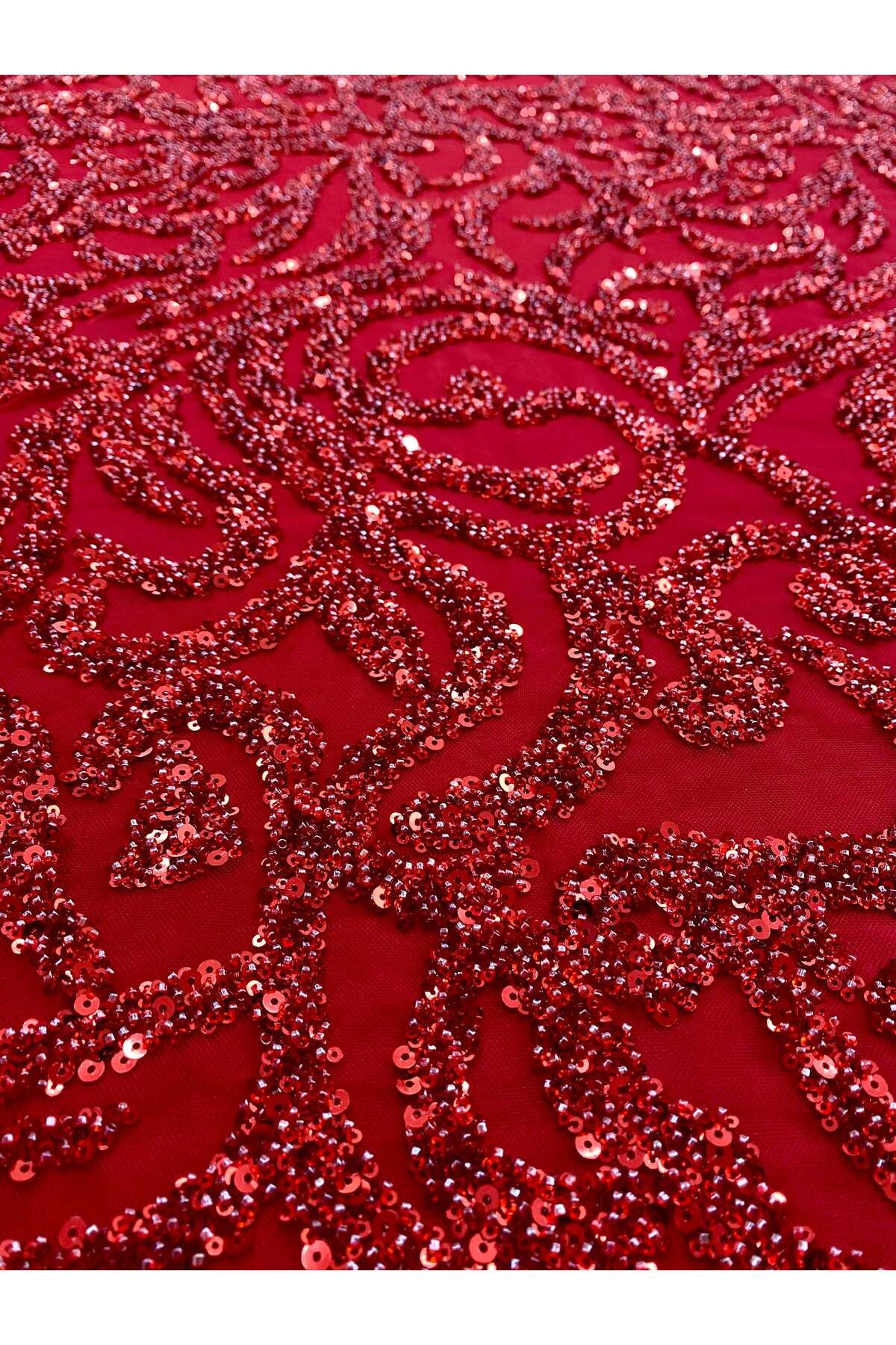 Luxuro-Red Couture Lace with Geometric Pattern, Beads and Sequins 6
