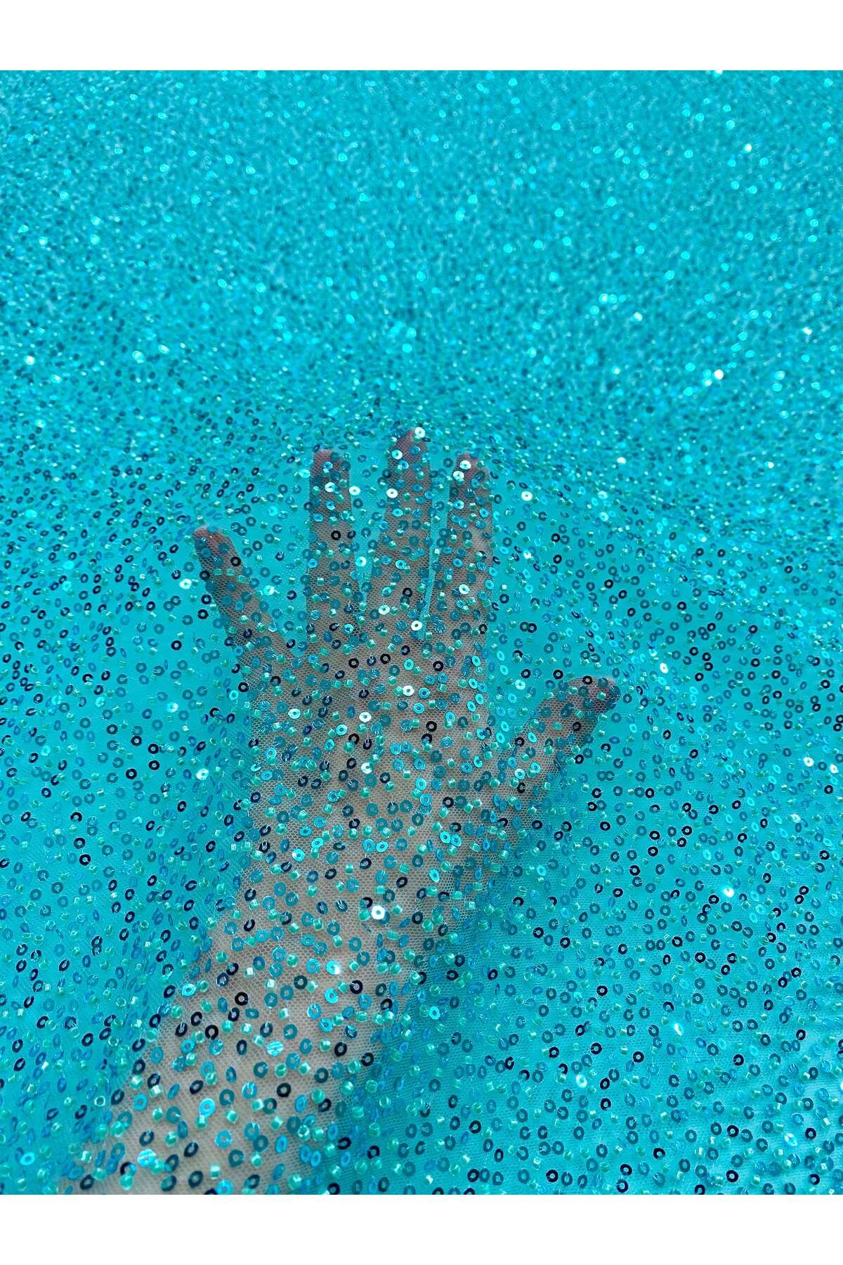 Luxuro-Turquoise Couture Lace with General Pattern, with Beads and Sequins 3