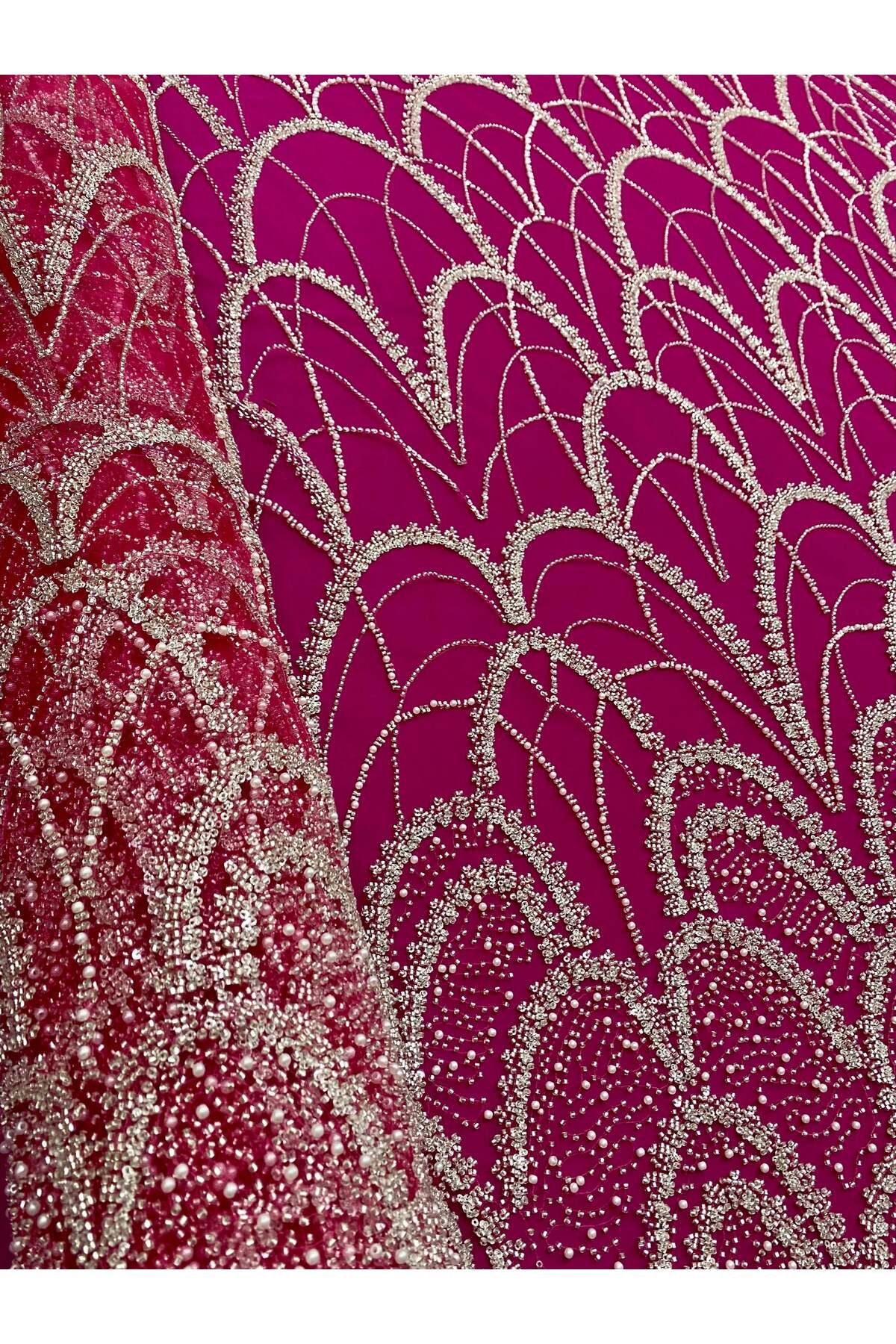 Luxuro-Couture Silver Lace with Fuchsia Tulle with Geometric Pattern, with Pearls, Beads and Sequins 6