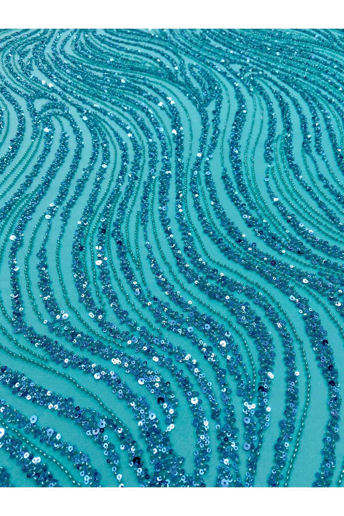 Luxuro-Turquoise Couture Lace with Linear Pattern, Beads and Sequins 6