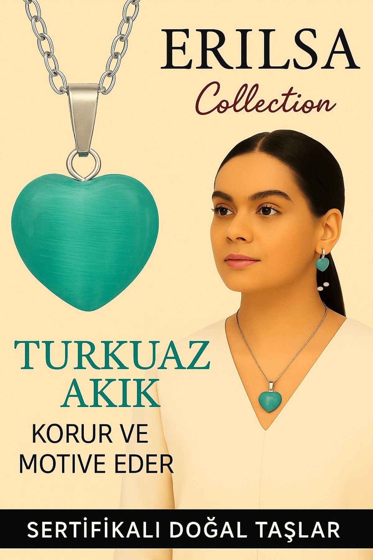 Erilsa Sertifikalı Kalp Model Turkuaz Akik Taşı Kolye – Koruyucu Enerji ve Yüksek Motivasyon Taşı
