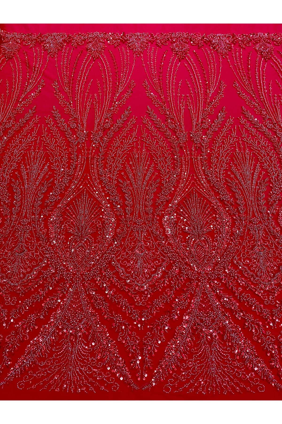 Luxuro-Red Couture Lace with Geometric Pattern, with Pearls, Beads and Sequins 1