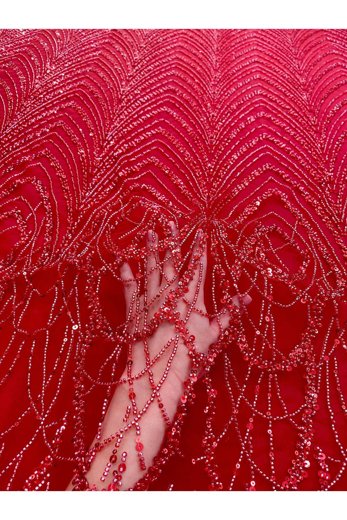 Luxuro-Red Couture Lace with Geometric Pattern with Beads and Sequins 2