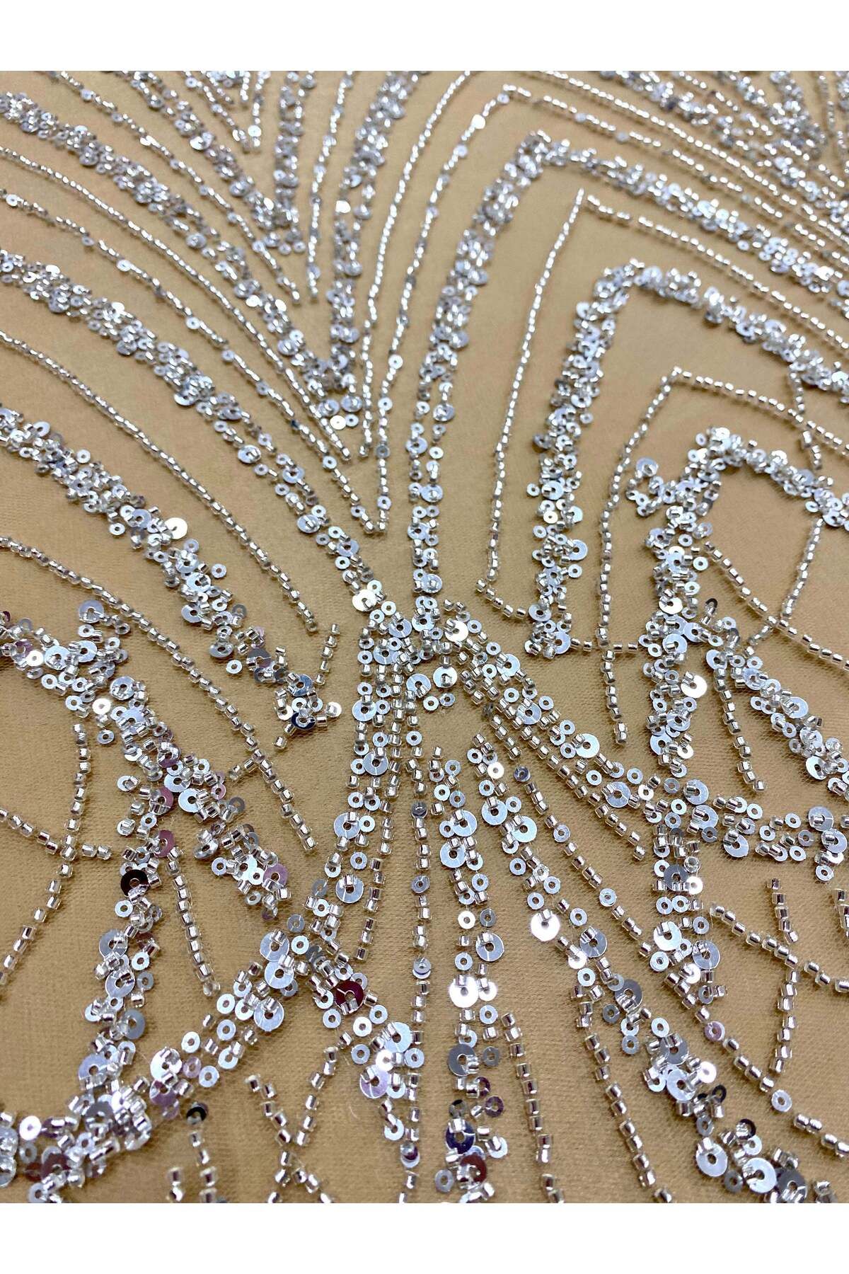 Luxuro-Silver Couture Lace with Nude Tulle with Geometric Pattern with Beads and Sequins 6