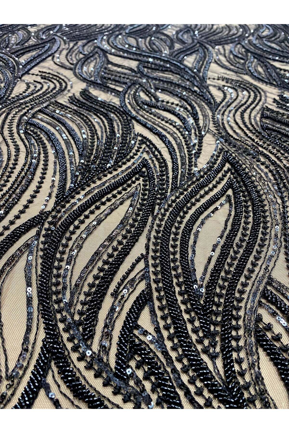 Luxuro-Black Couture Lace with Linear Pattern, Beads and Sequins 7