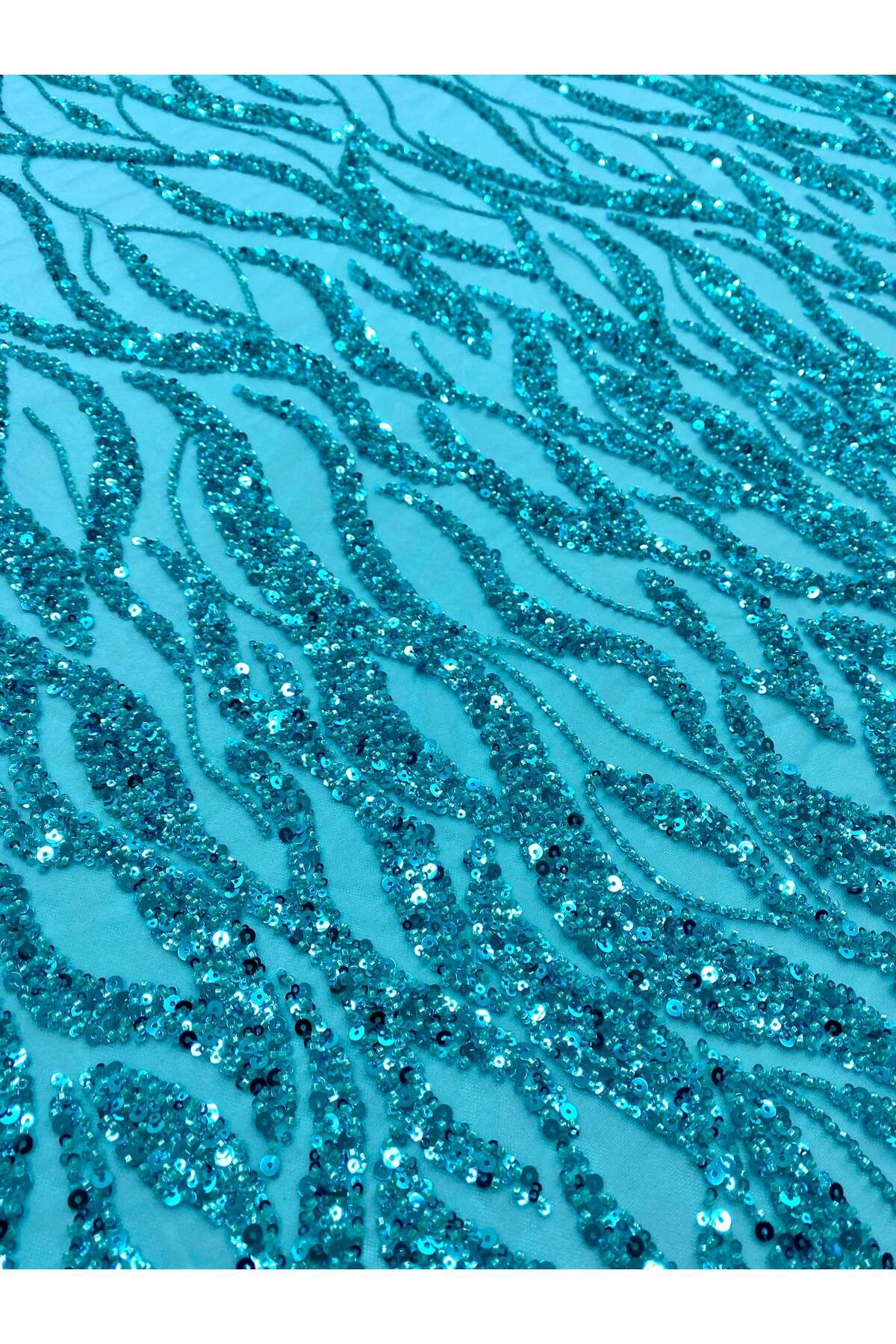 Luxuro-Turquoise Couture Lace with Strings, Beads and Sequins 7