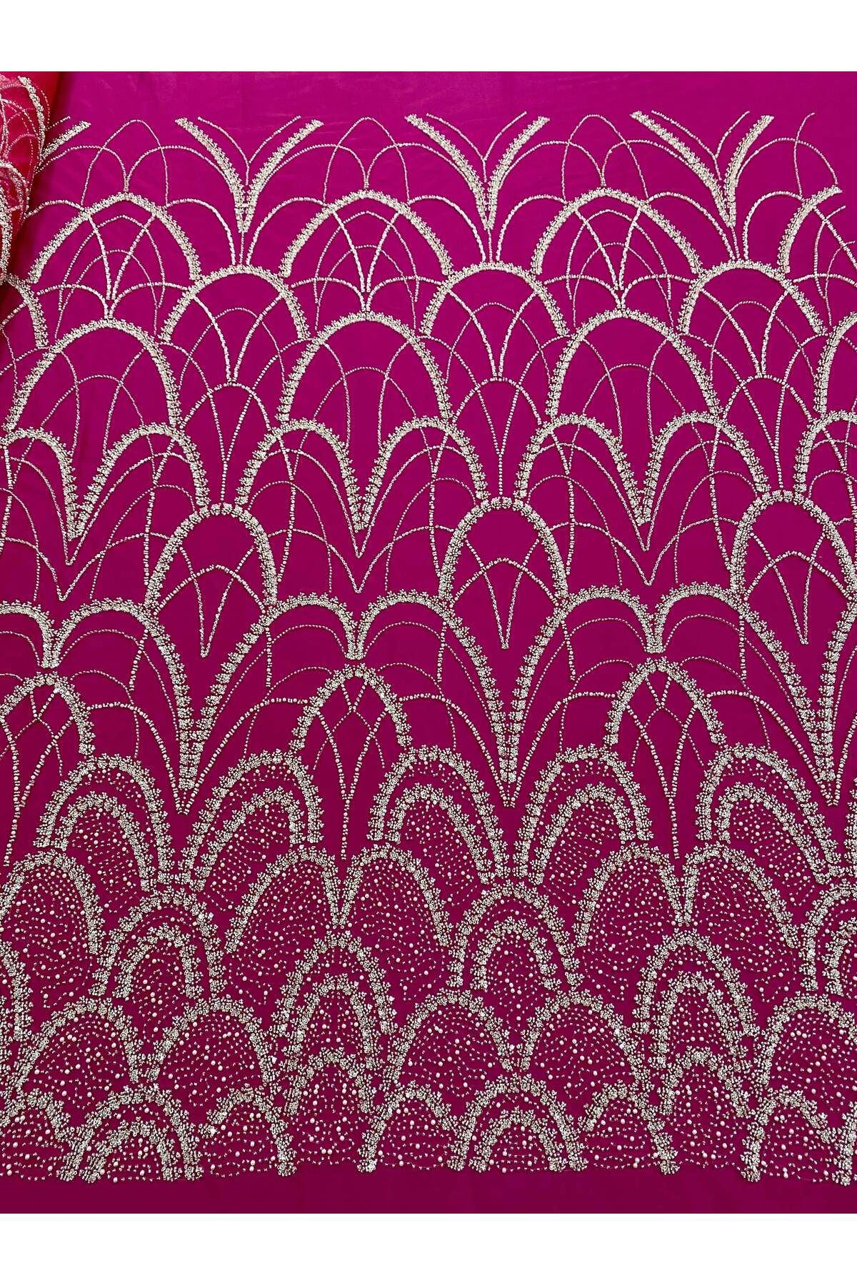 Luxuro-Couture Silver Lace with Fuchsia Tulle with Geometric Pattern, with Pearls, Beads and Sequins 1
