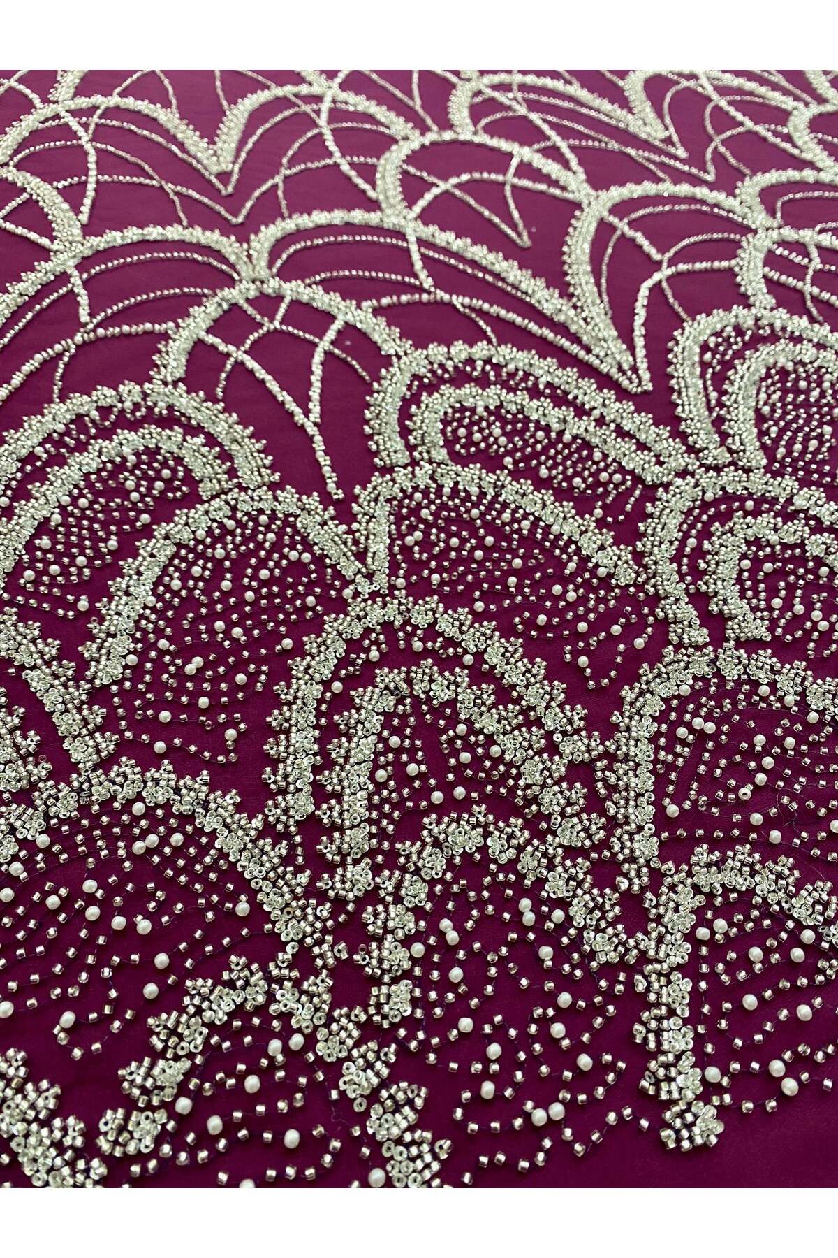 Luxuro-Silver Couture Lace with Dark Magenta Tulle with Geometric Pattern, with Pearls, Beads and Sequins 3