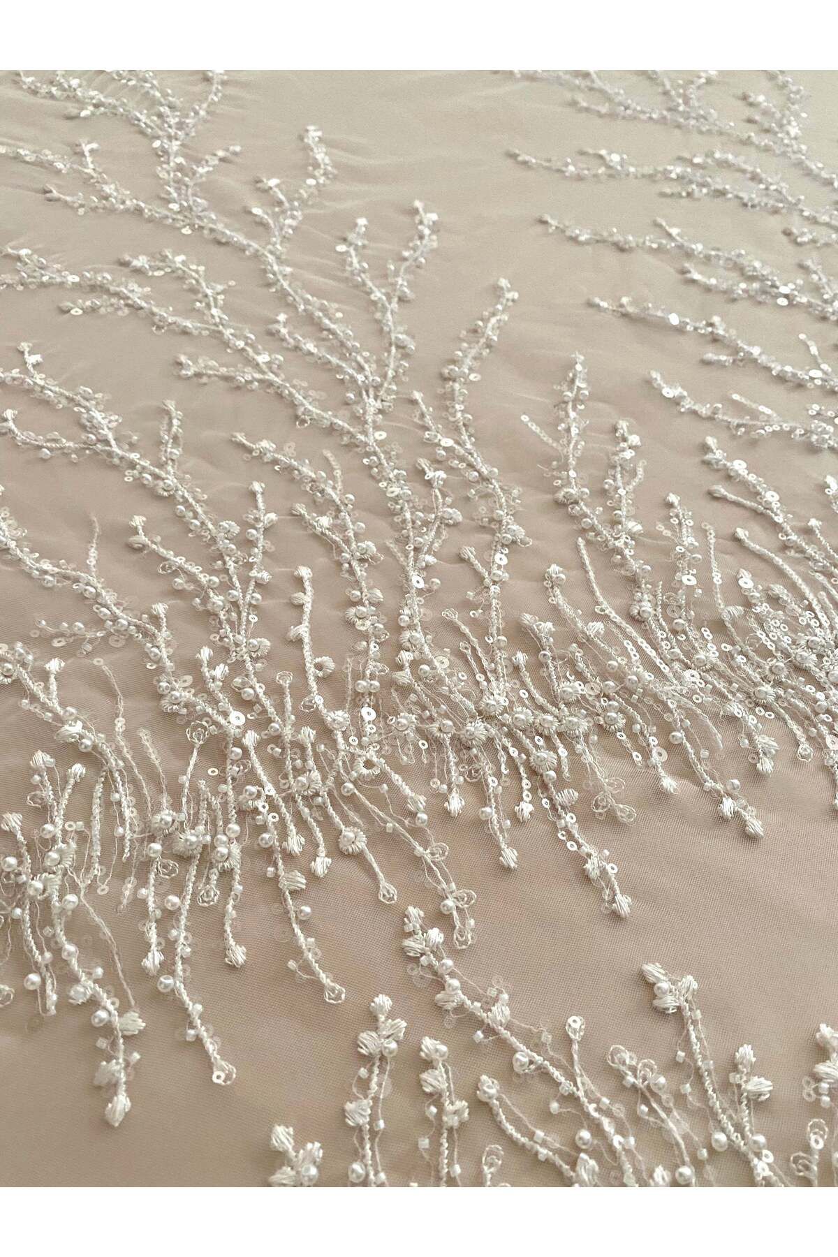 Luxuro-Ivory Couture Lace with Geometric Pattern, with Pearls, Beads and Sequins 5