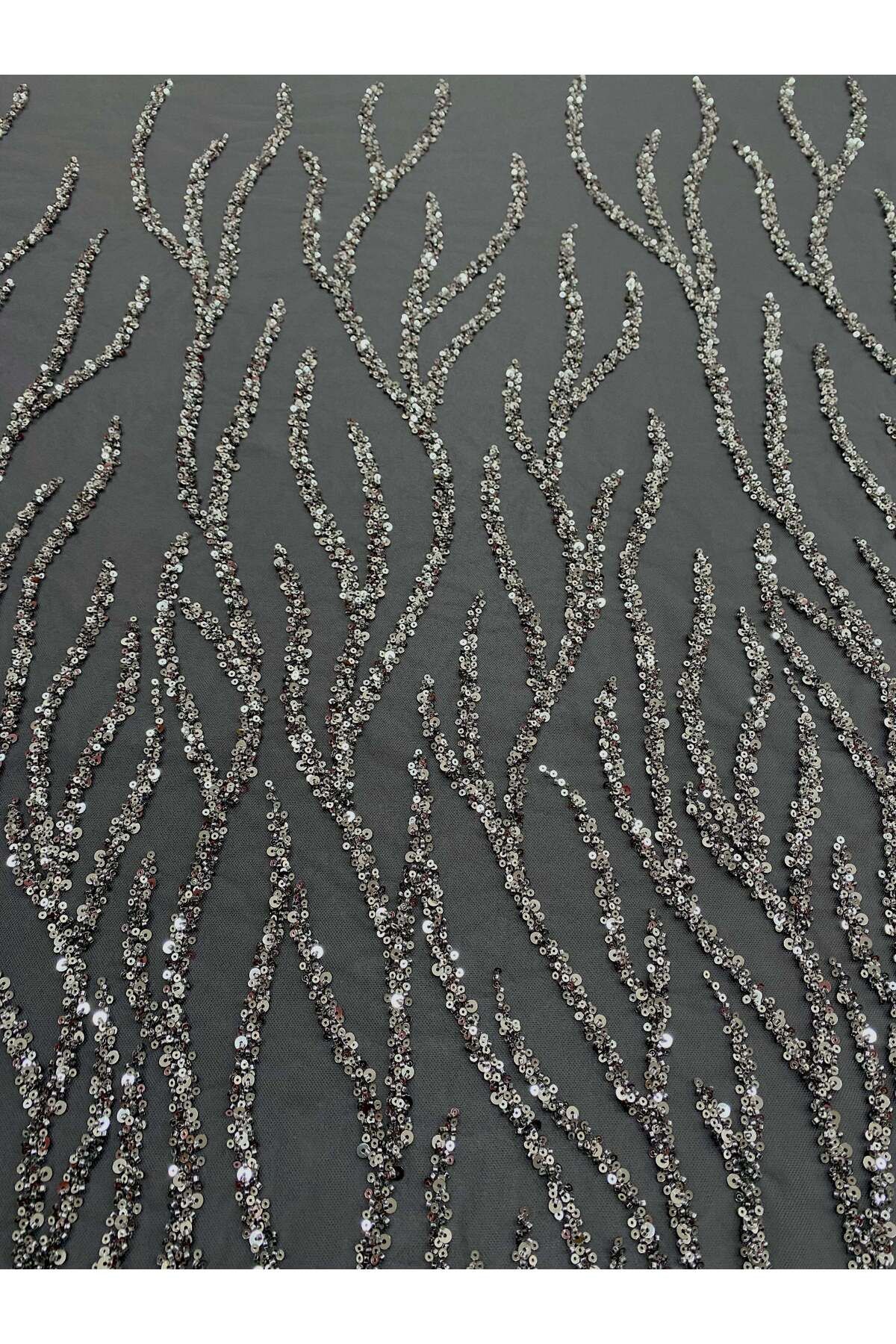 Luxuro-Anthracite Grey Couture Lace with Strings, Beads and Sequins 7