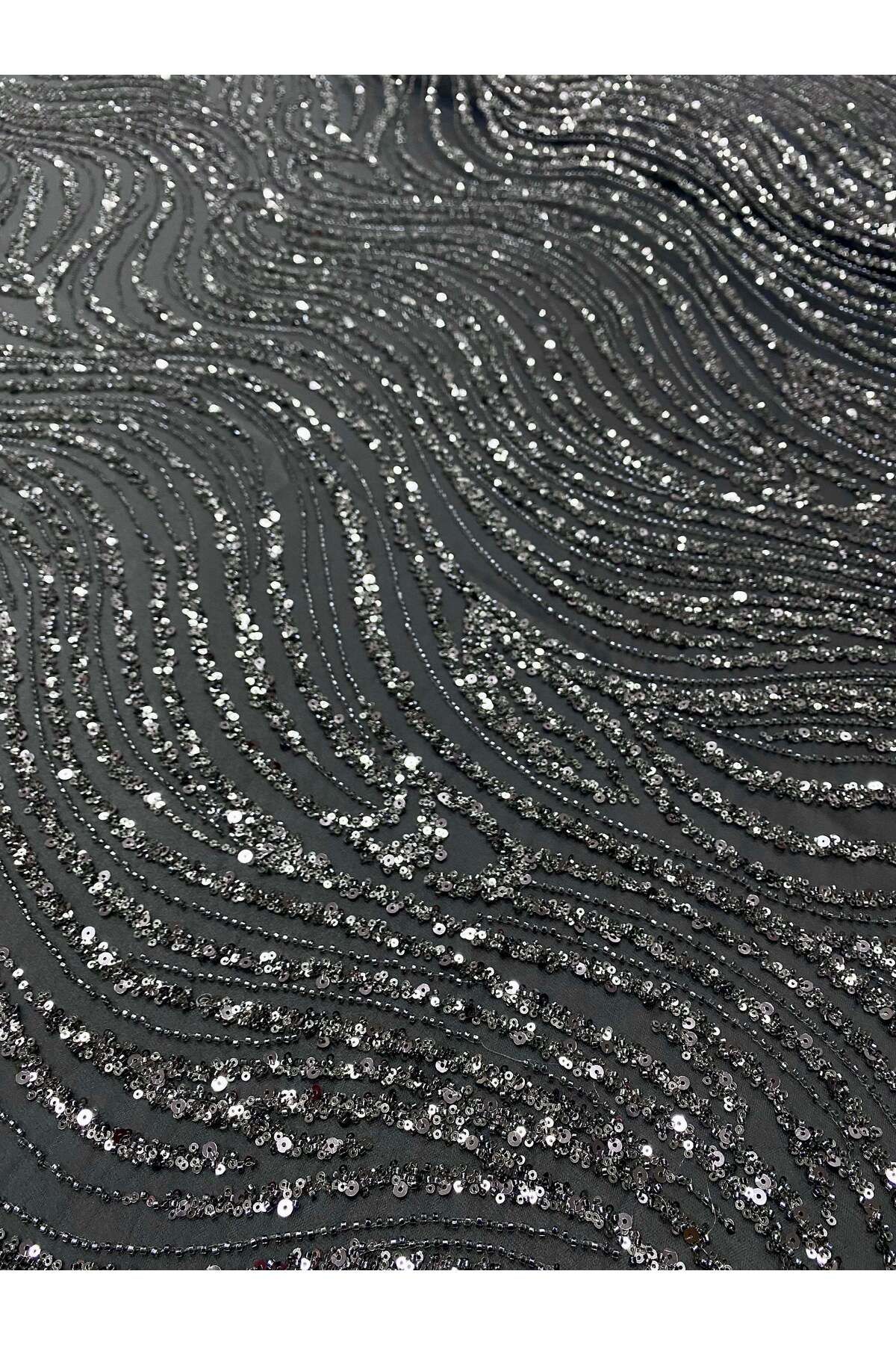 Luxuro-Anthracite Grey Couture Lace with Linear Pattern, Beads and Sequins 5