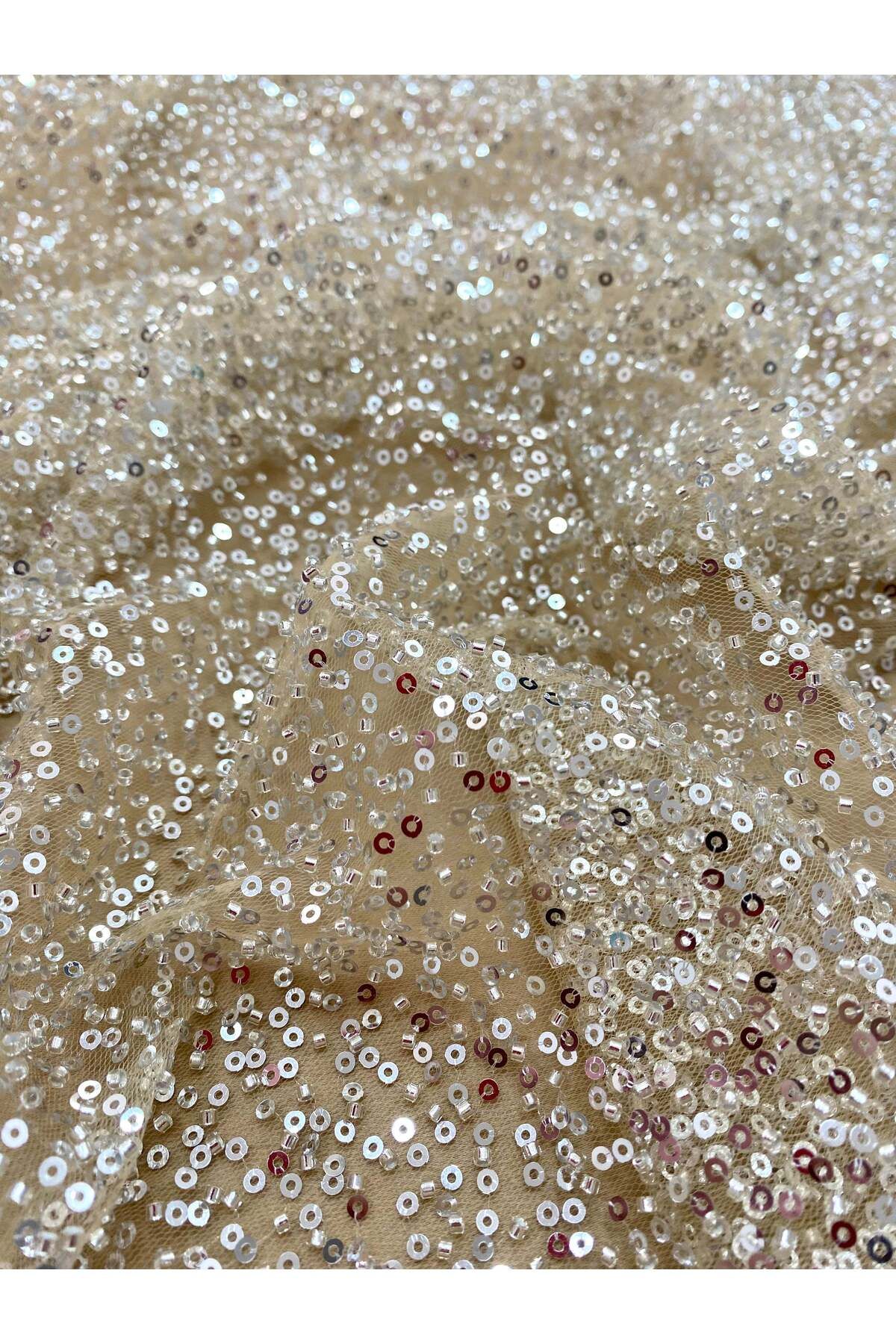Luxuro-Silver Couture Lace with Nude Tulle with General Pattern, with Beads and Sequins 3