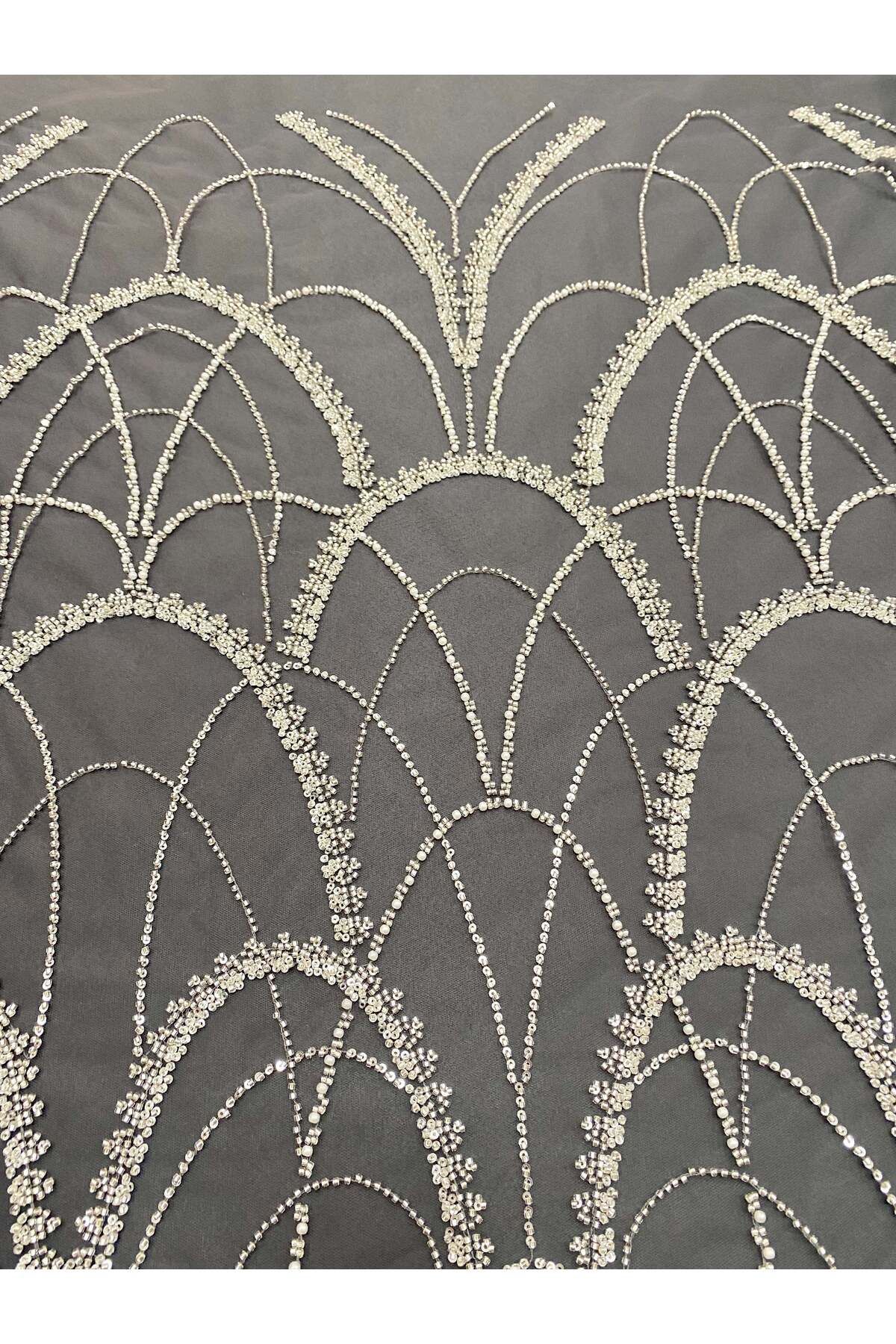 Luxuro-Silver Couture Lace with Anthracite Tulle with Geometric Pattern, with Pearls, Beads and Sequins 5