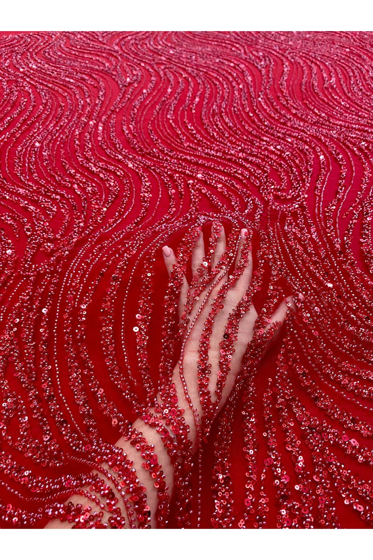 Luxuro-Red Couture Lace with Linear Pattern, Beads and Sequins 2