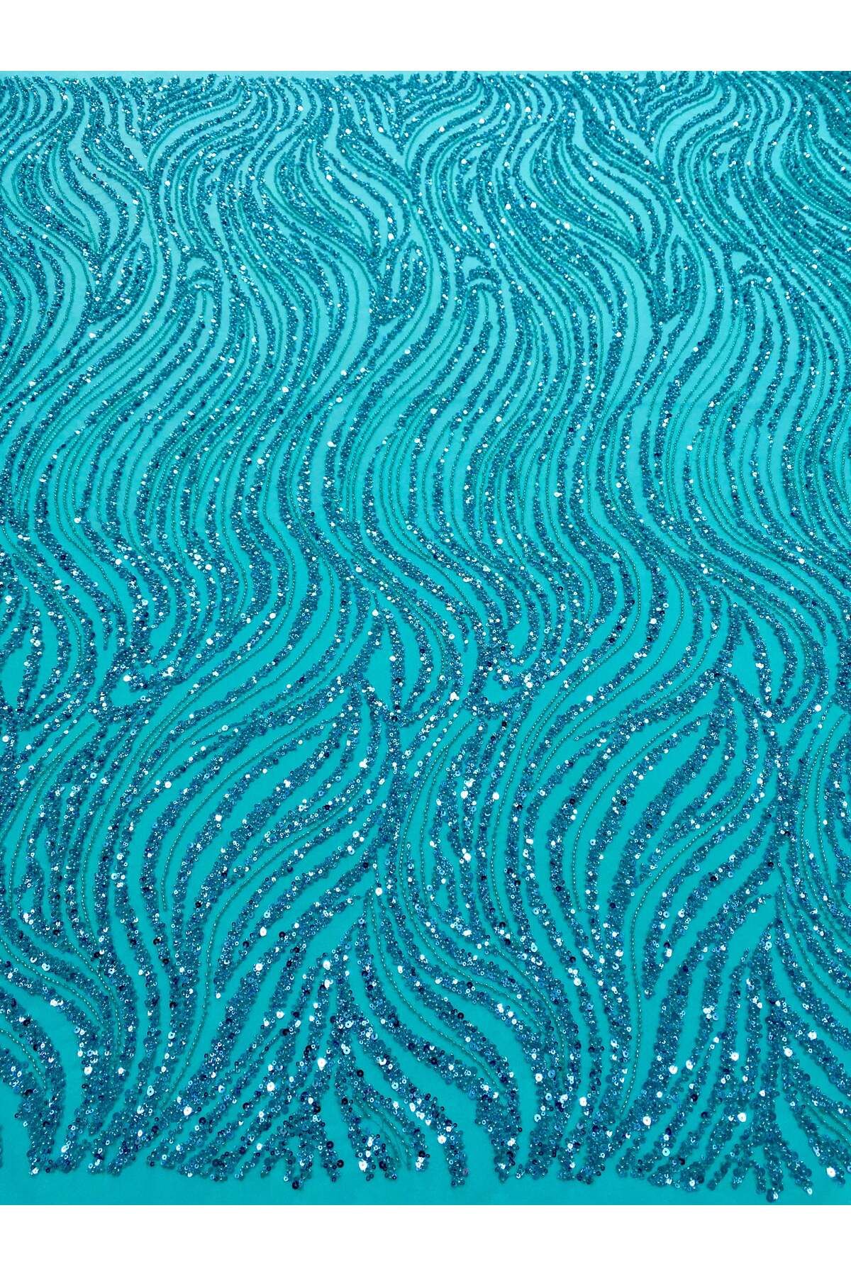 Luxuro-Turquoise Couture Lace with Linear Pattern, Beads and Sequins 1