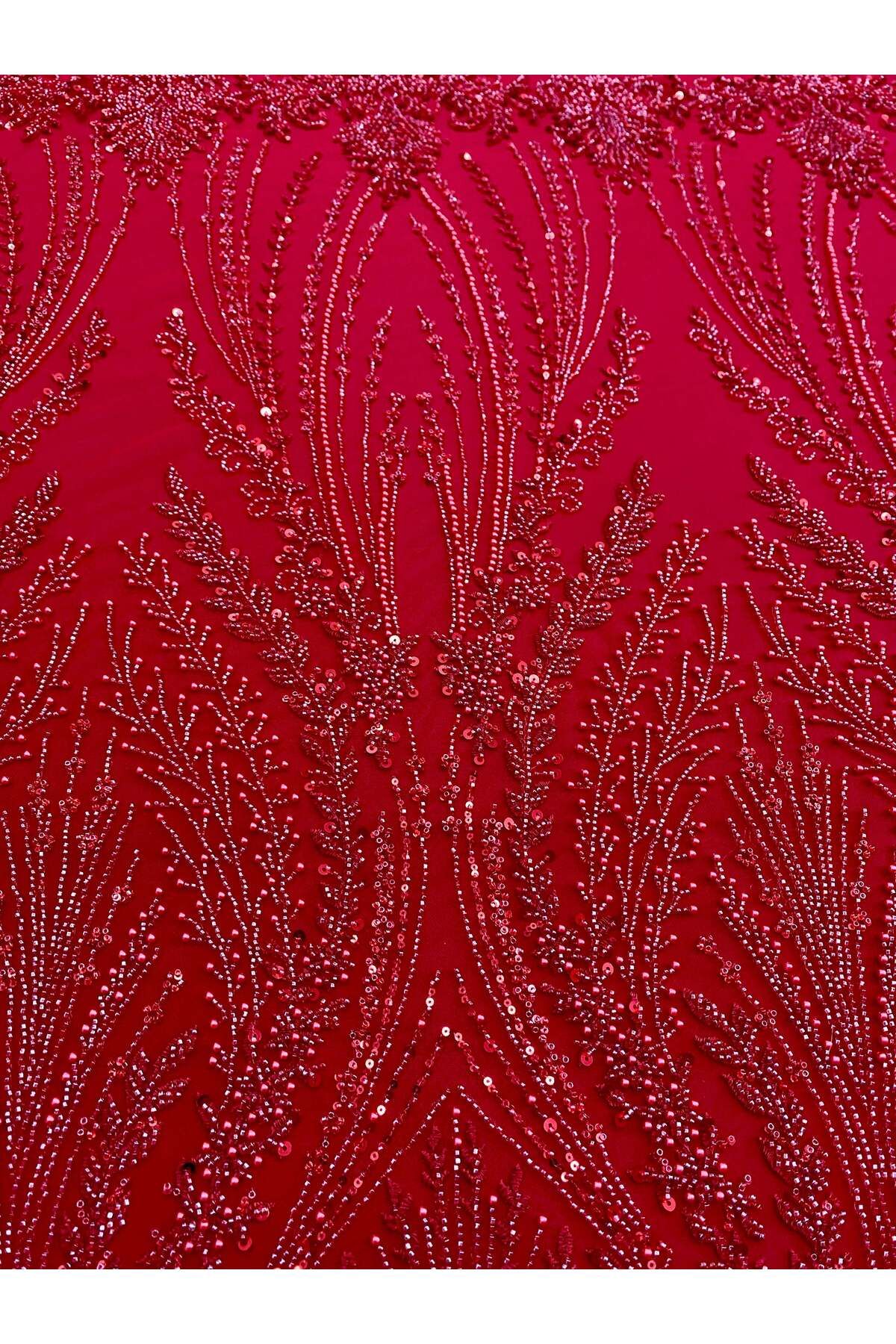 Luxuro-Red Couture Lace with Geometric Pattern, with Pearls, Beads and Sequins 4