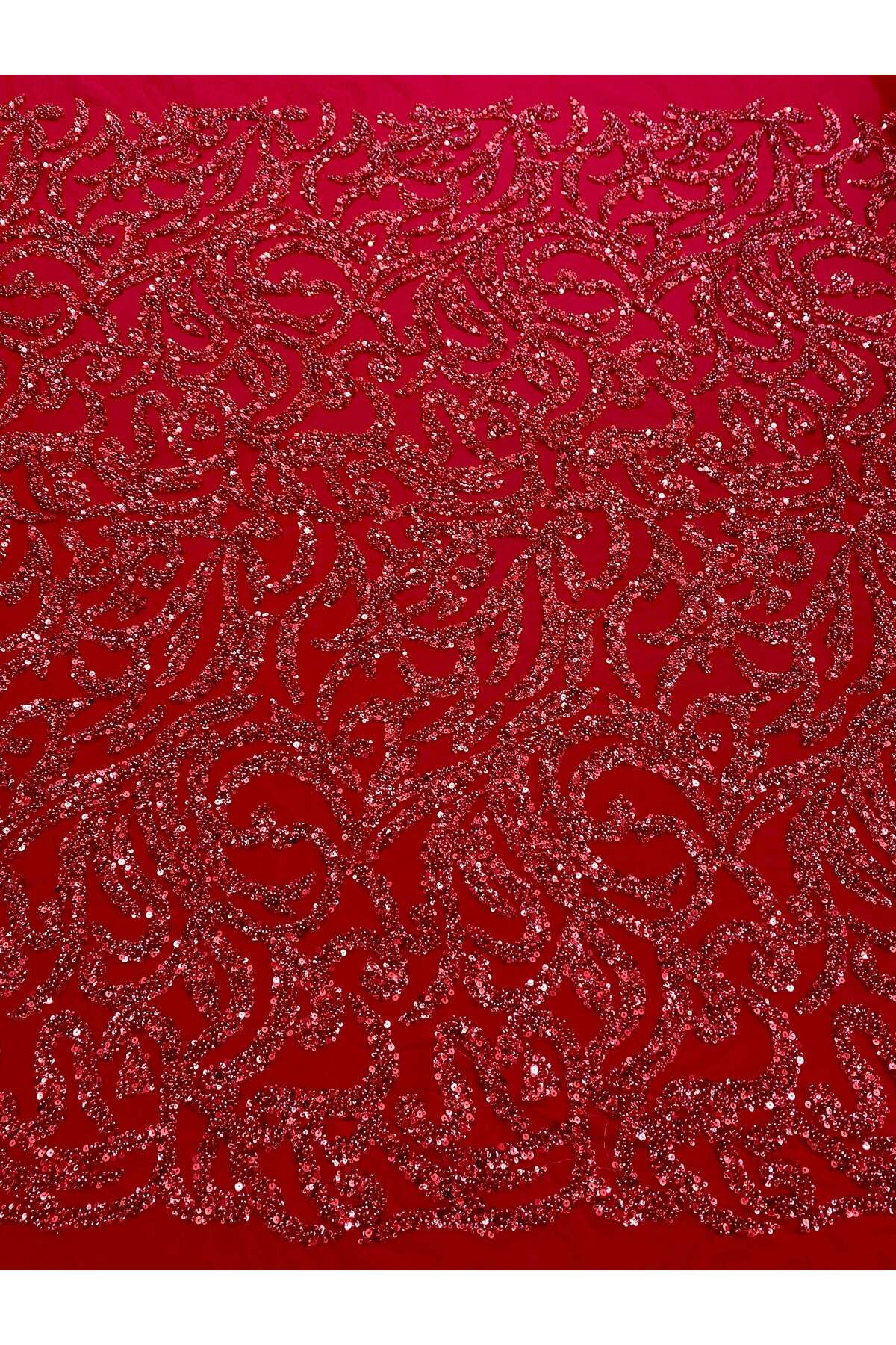 Luxuro-Red Couture Lace with Geometric Pattern, Beads and Sequins 1