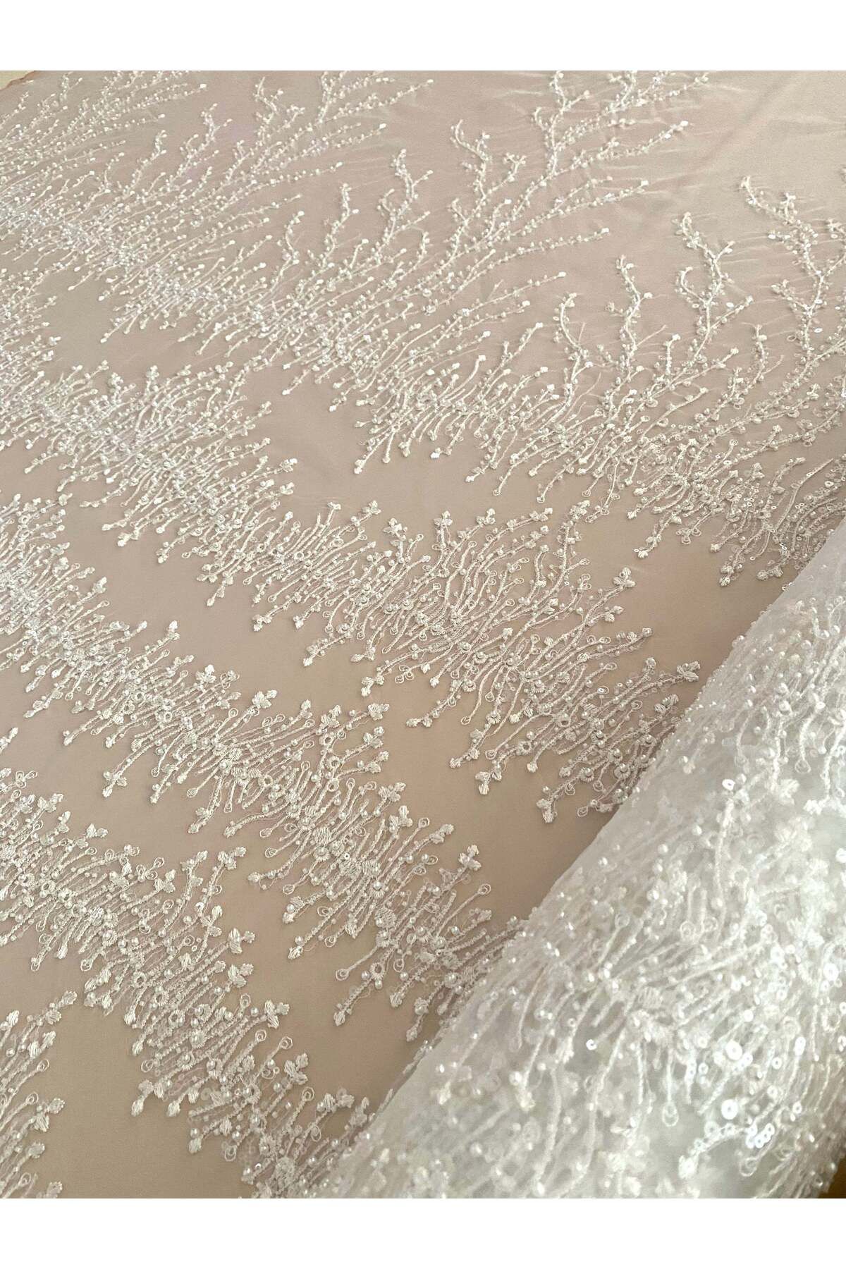 Luxuro-Ivory Couture Lace with Geometric Pattern, with Pearls, Beads and Sequins 7
