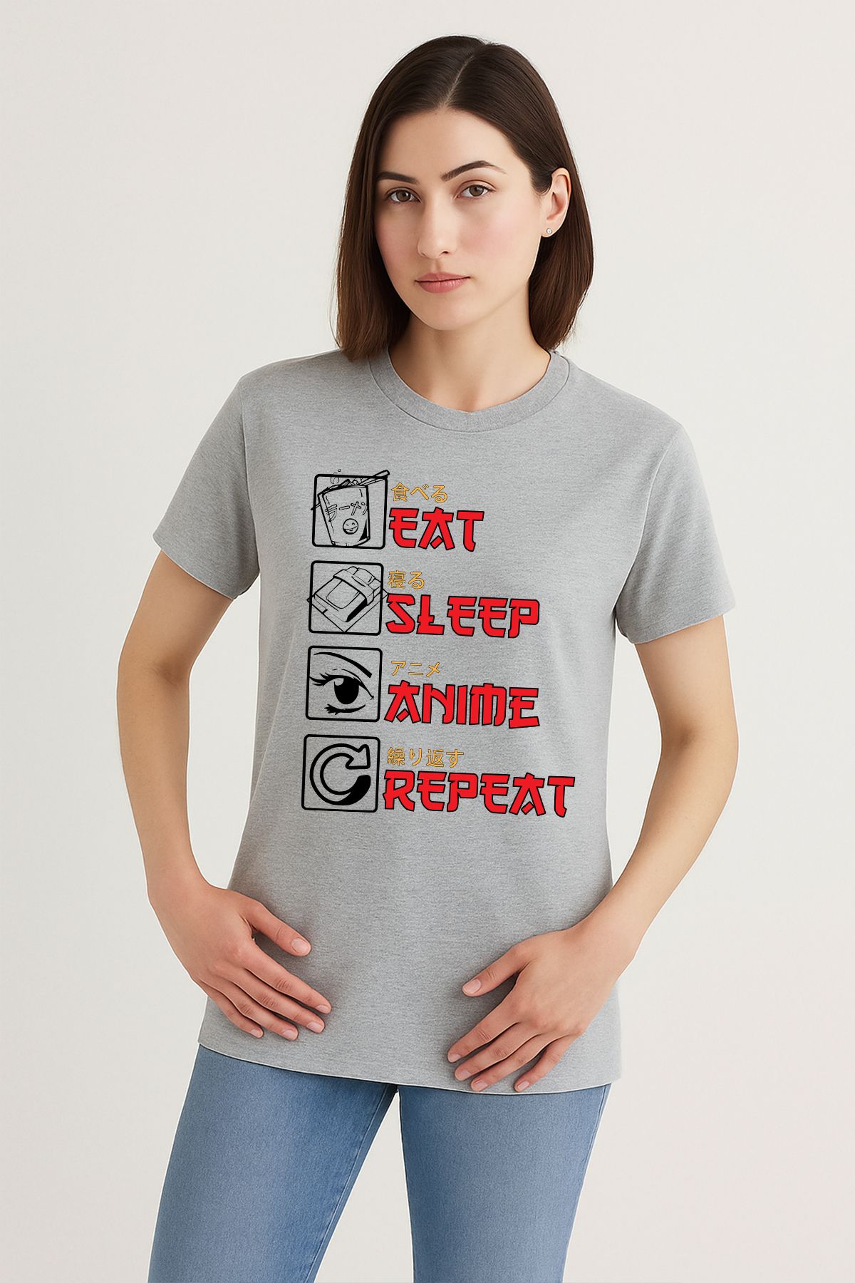 uniqwo Unisex Eat Sleep Anime Repeat Baskılı %100 Pamuk Premium Regular T-Shirt