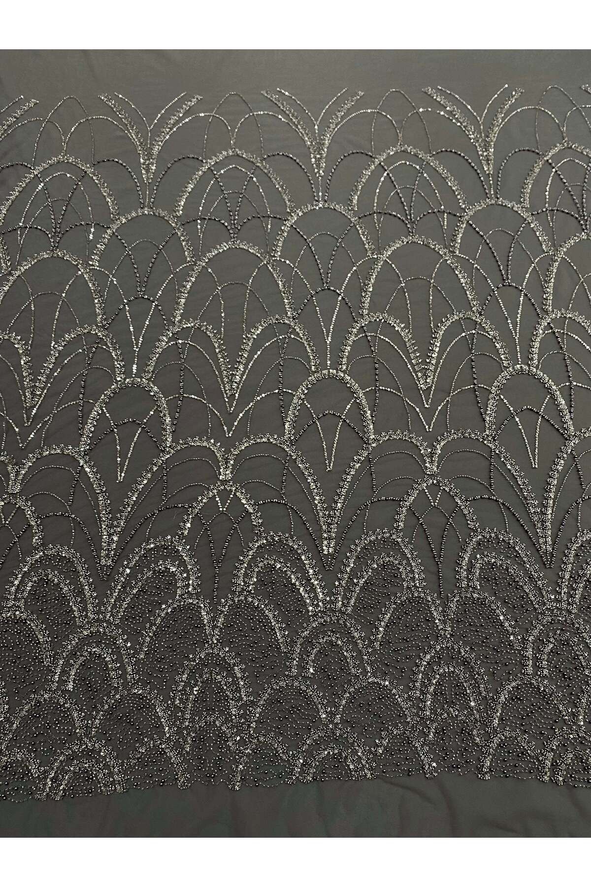 Luxuro-Anthracite Grey Couture Lace with Geometric Pattern, with Pearls, Beads and Sequins 1
