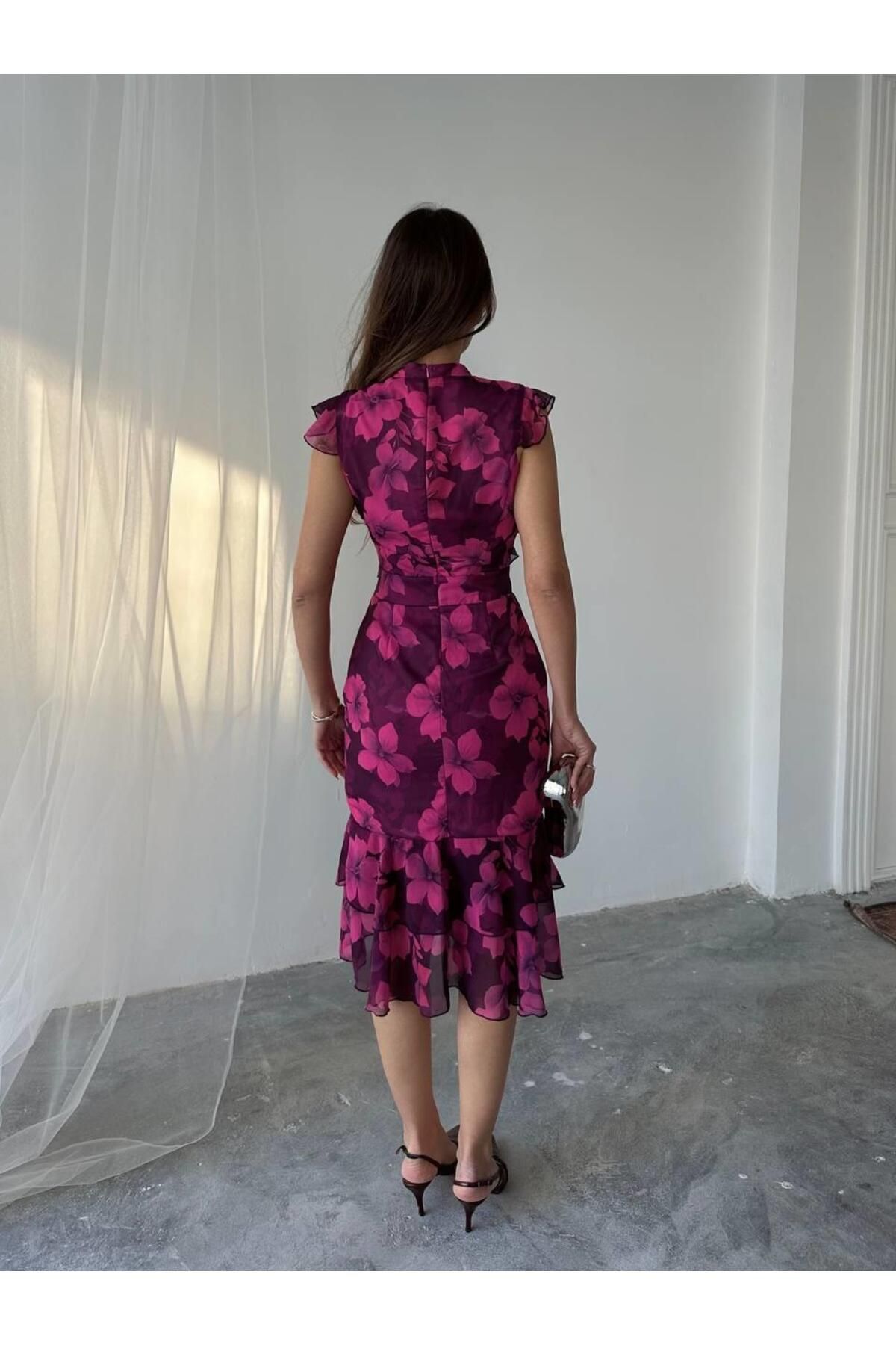 conconmoda Flora Çiçek Baskılı Şifon Midi Elbise