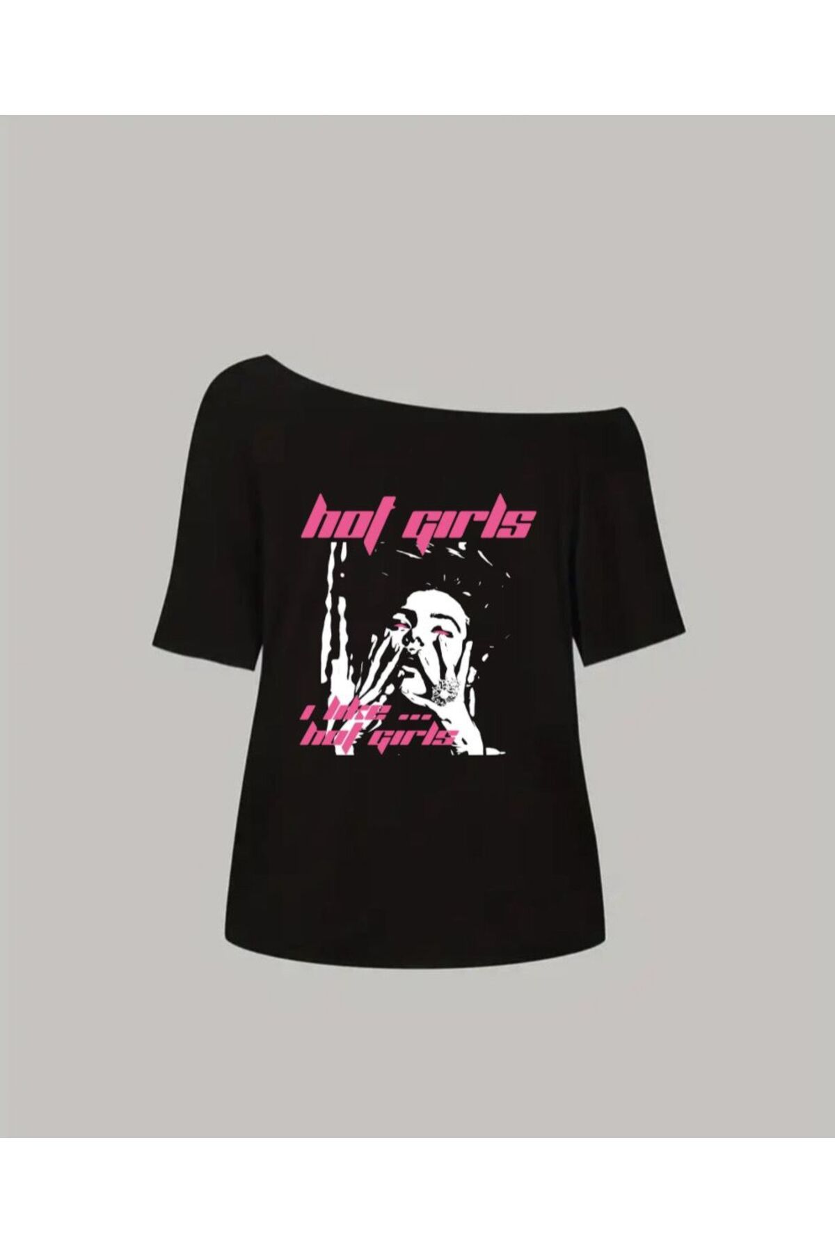 Koklonmoda Büyük Beden Kadın Düşük Omuz Kayık Yaka Hot Girls Baskılı T-Shirt