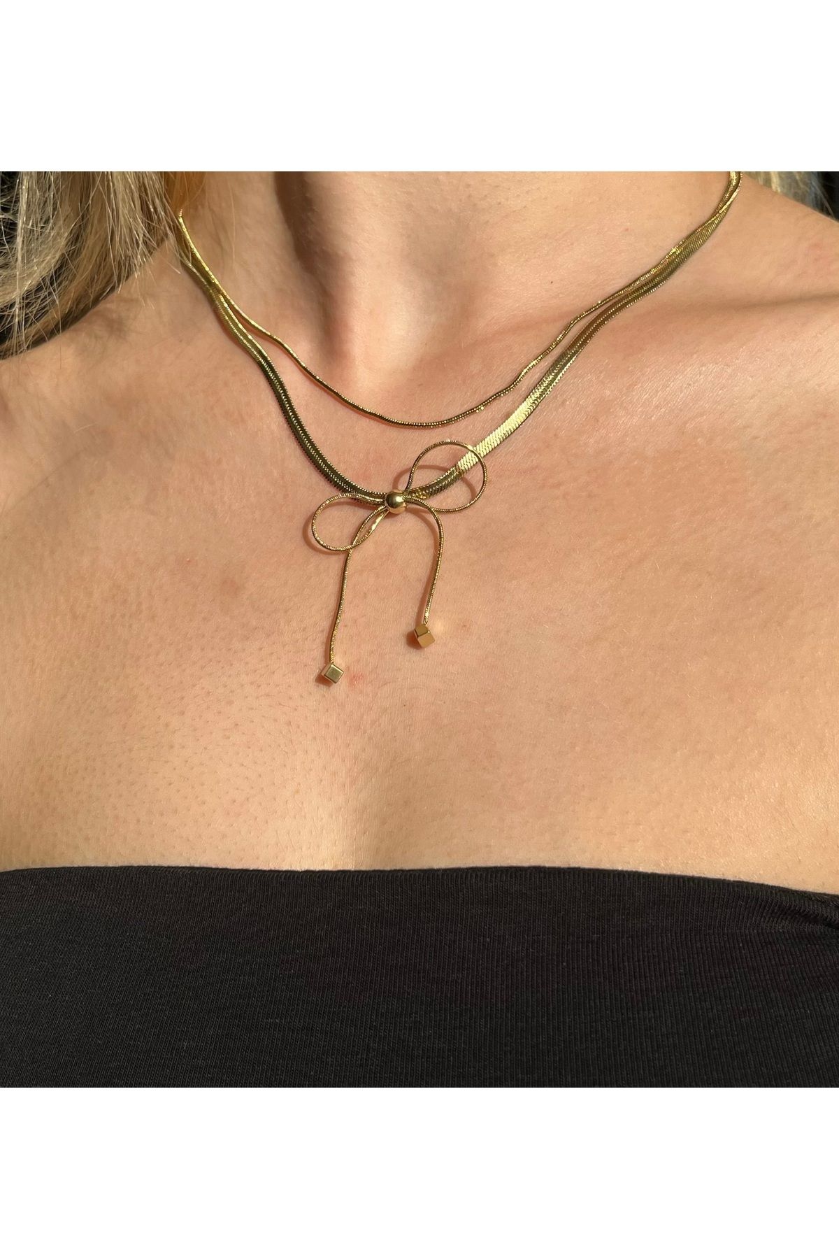 B&E SHİNE JEWERLY Kararmaz Çelik Çift Zincir Kurdele Detay Kolye