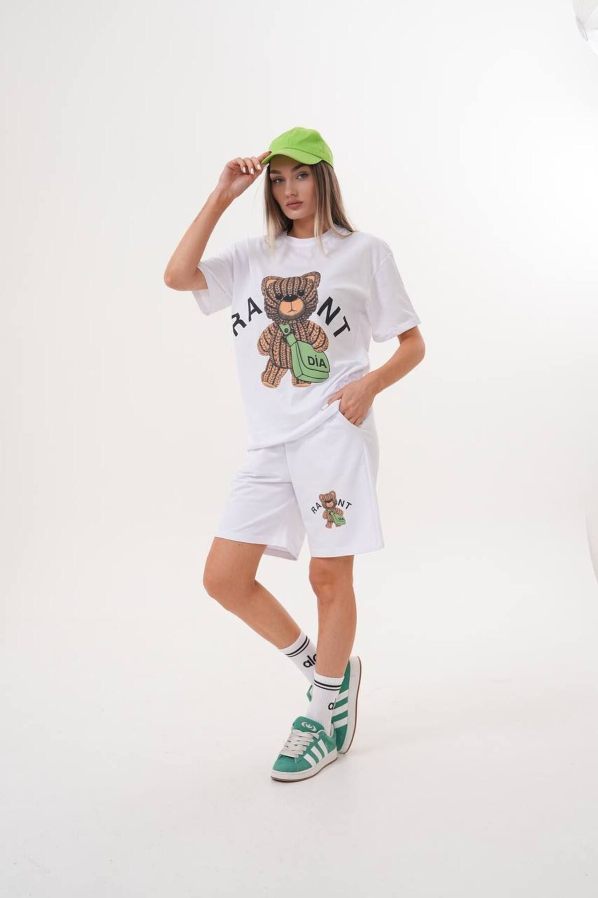 369 etnik butik Ravmnt Bear Baskılı Oversize Şortlu Takım
