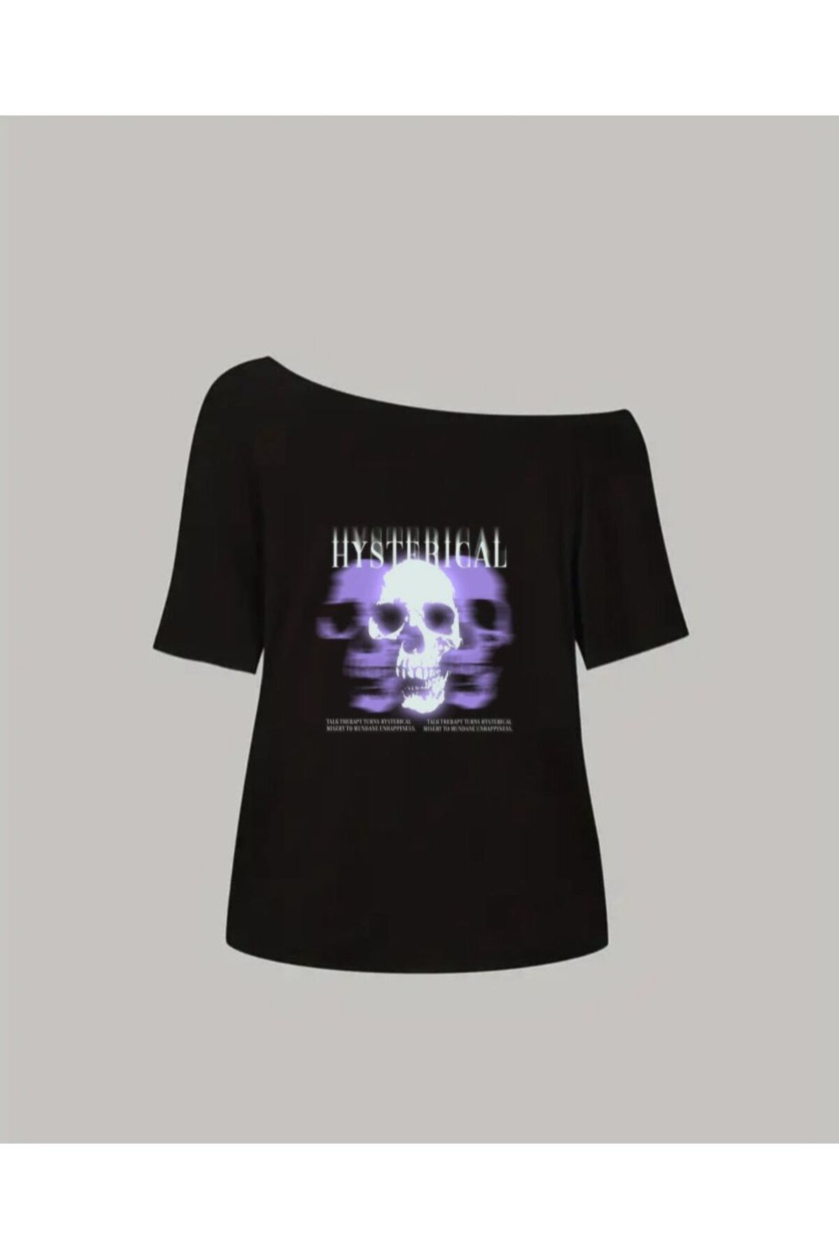 Koklonmoda Büyük Beden Kadın Düşük Omuz Kayık Yaka Hysterical Baskılı T-Shirt