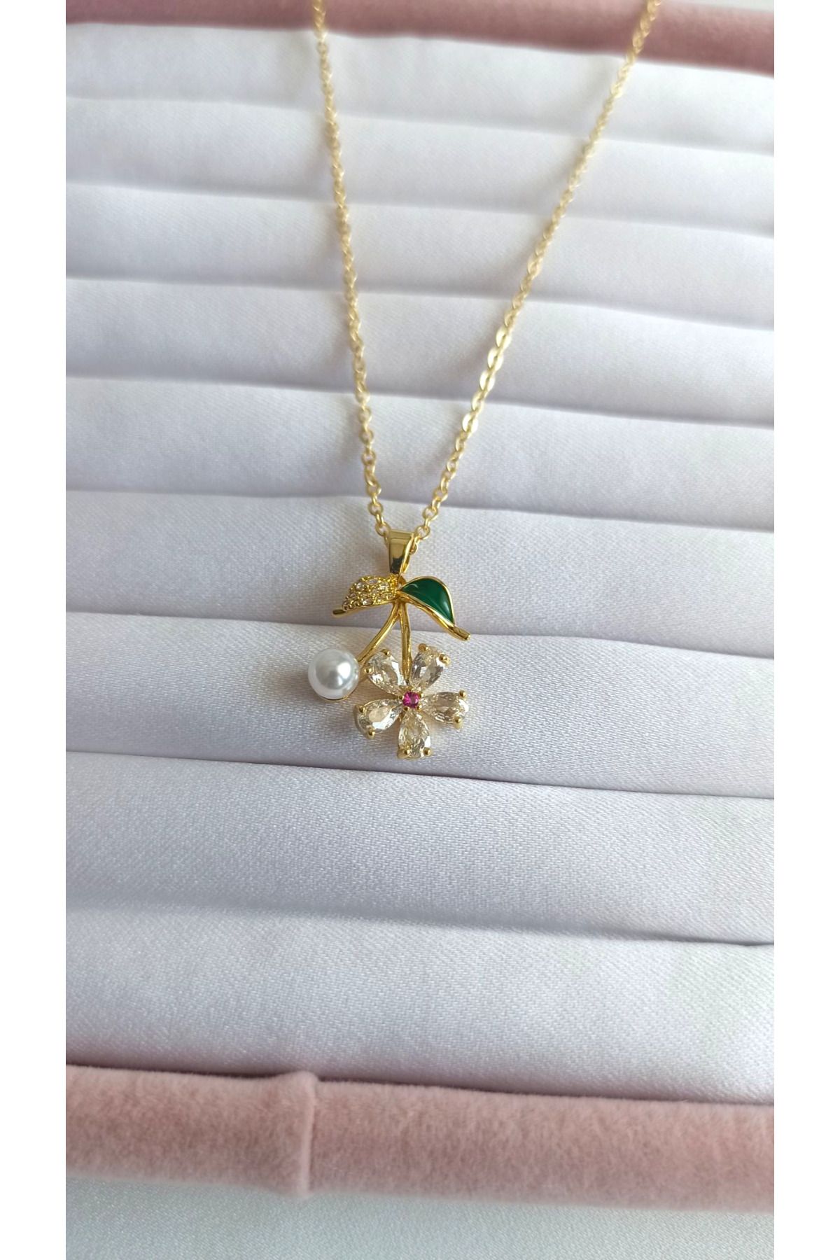 Tilde Kiraz Kolye Paslanmaz Çelik Zirkon Taşlı İncili Çiçekli Kolye Sakura Kolye Kadın Aksesuar