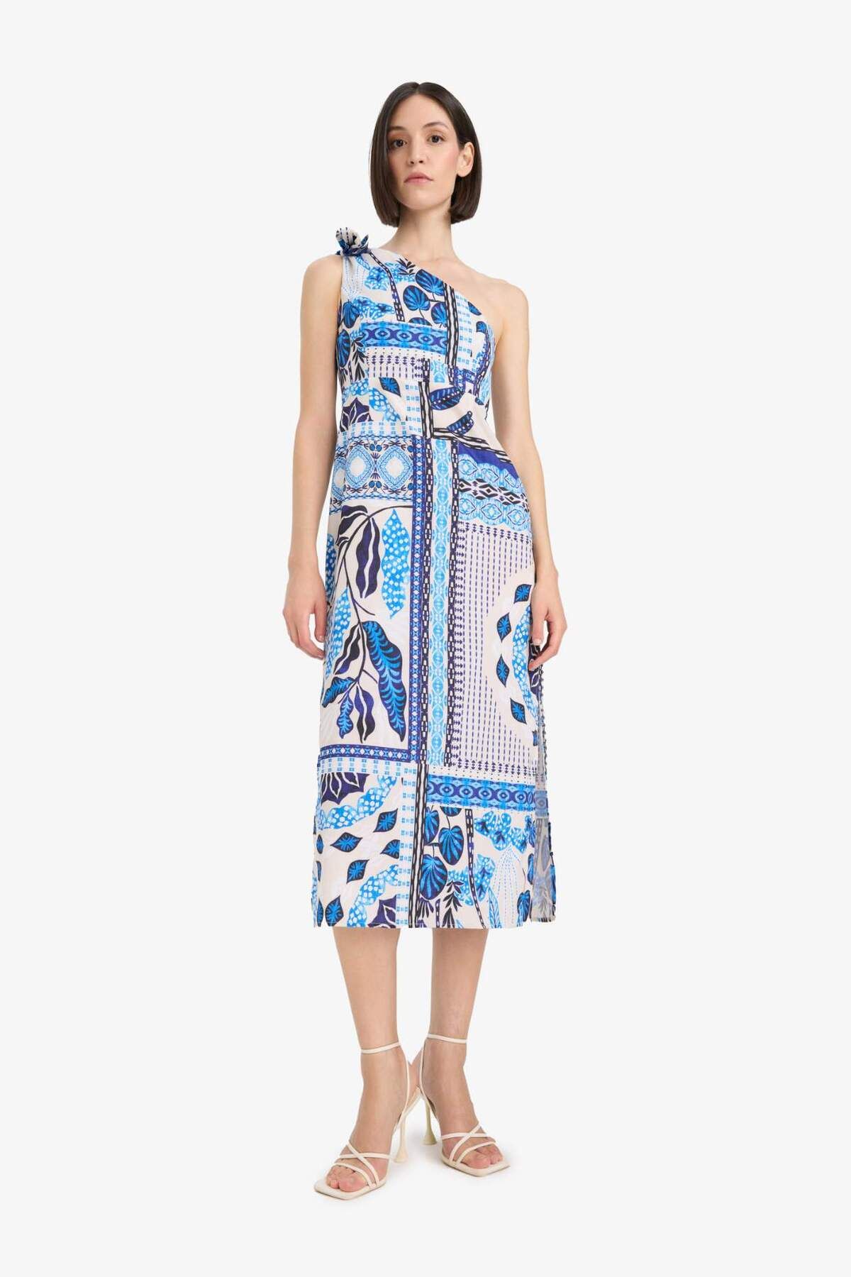 DeFacto Regular Fit Tropikal Desenli Tek Omuzlu Poplin Plaj Elbisesi-Fall in Love F6296AX25HS