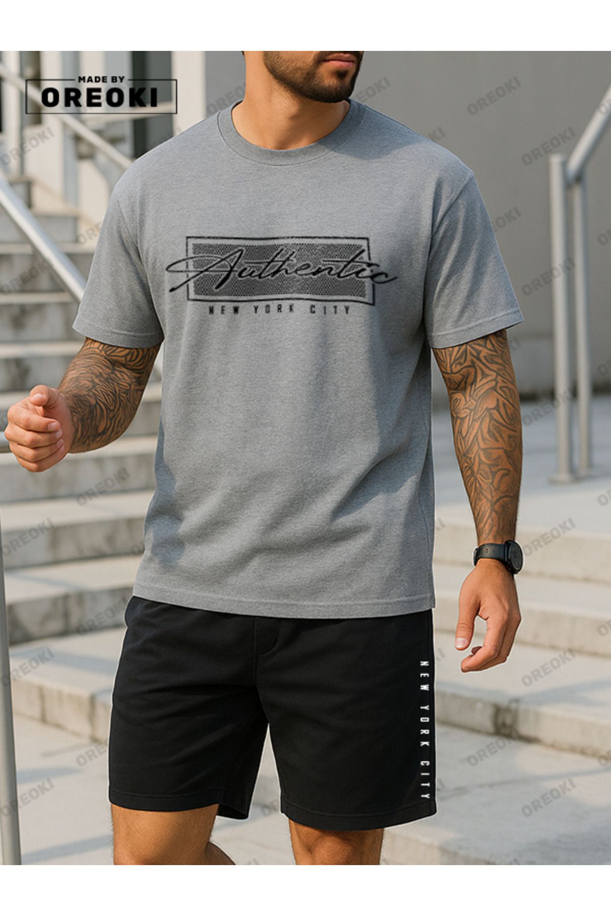 EFFRENATU Otantik Baskılı Pamuklu Kumaş Erkek Gri T-shirt-Siyah Şort Takım