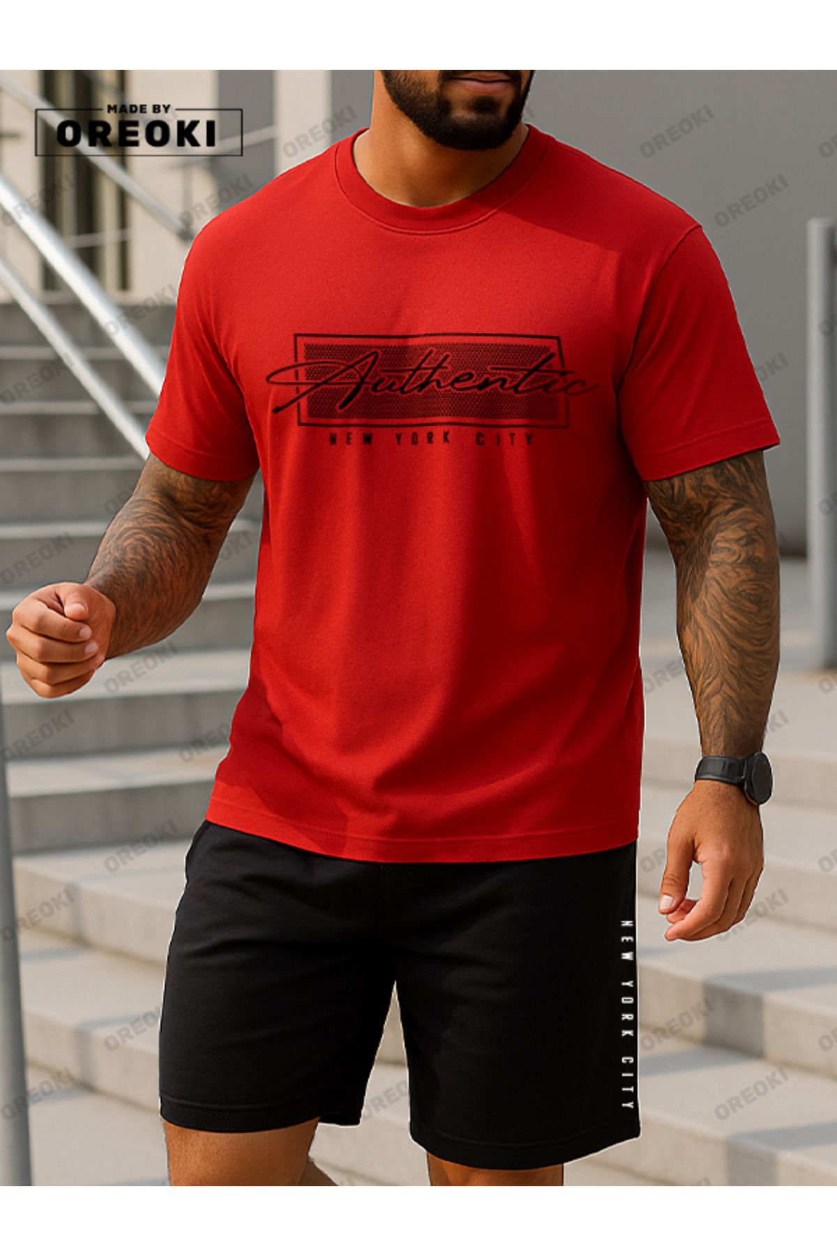 EFFRENATU Otantik Baskılı Pamuklu Kumaş Erkek Kırmızı T-shirt-Siyah Şort Takım