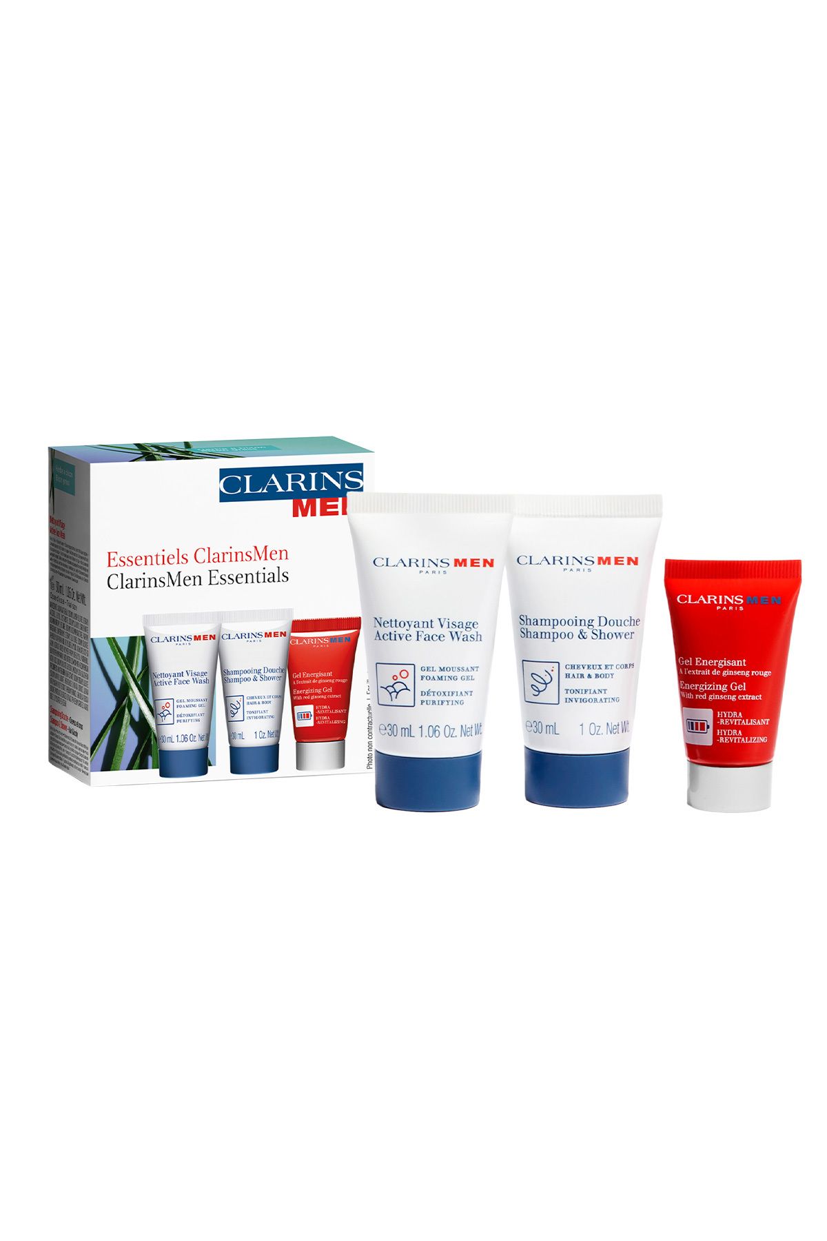 Clarins Erkek Cilt Bakım Seti (Yüz Yıkama Jeli + Şampuan&Duş Jeli + Energizing Nemlendirici Jel)