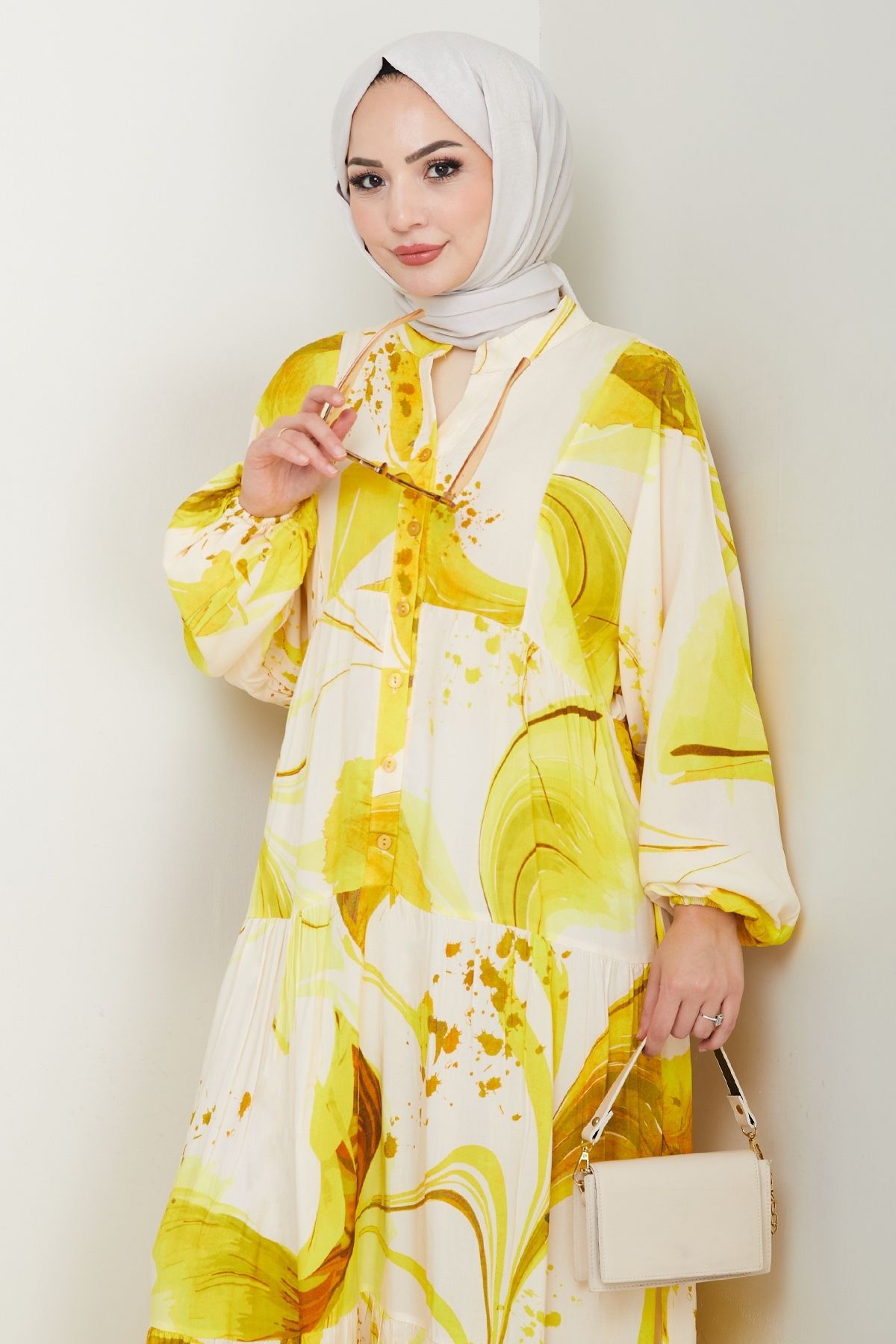 InStyle-Digital Print Pattern Viscose Dress Yellow 2