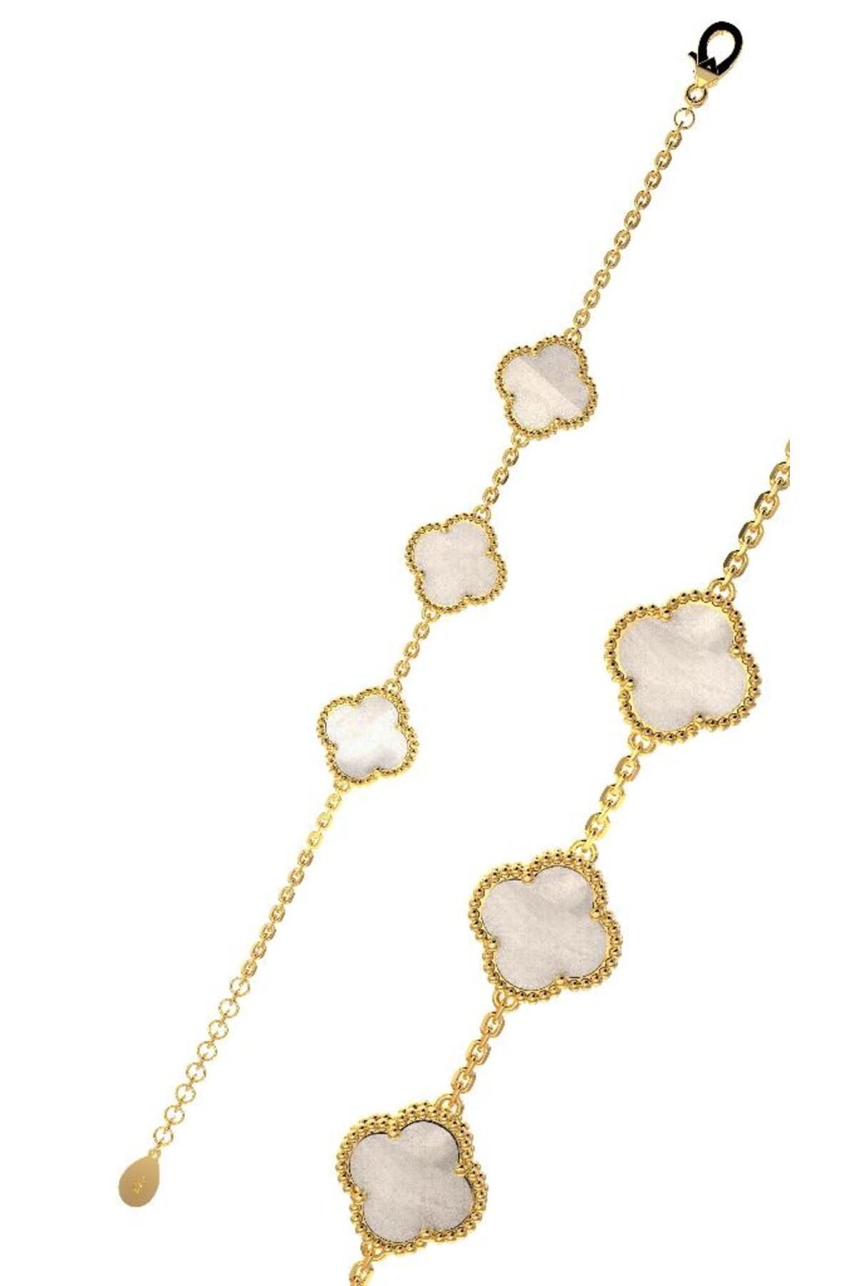 Roza Silver 925 Ayar Beyaz Taşlı Gold Üçlü Yonca Gümüş Bileklik