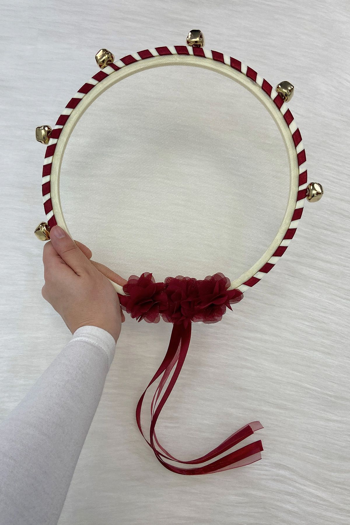 ZEYMERADE Bordo Nedime Gelin Tefi, Çiçekli Düğün Kına Gecesi Sünnet Bekarlığa Veda Bride Defi Zilli 1 Adet